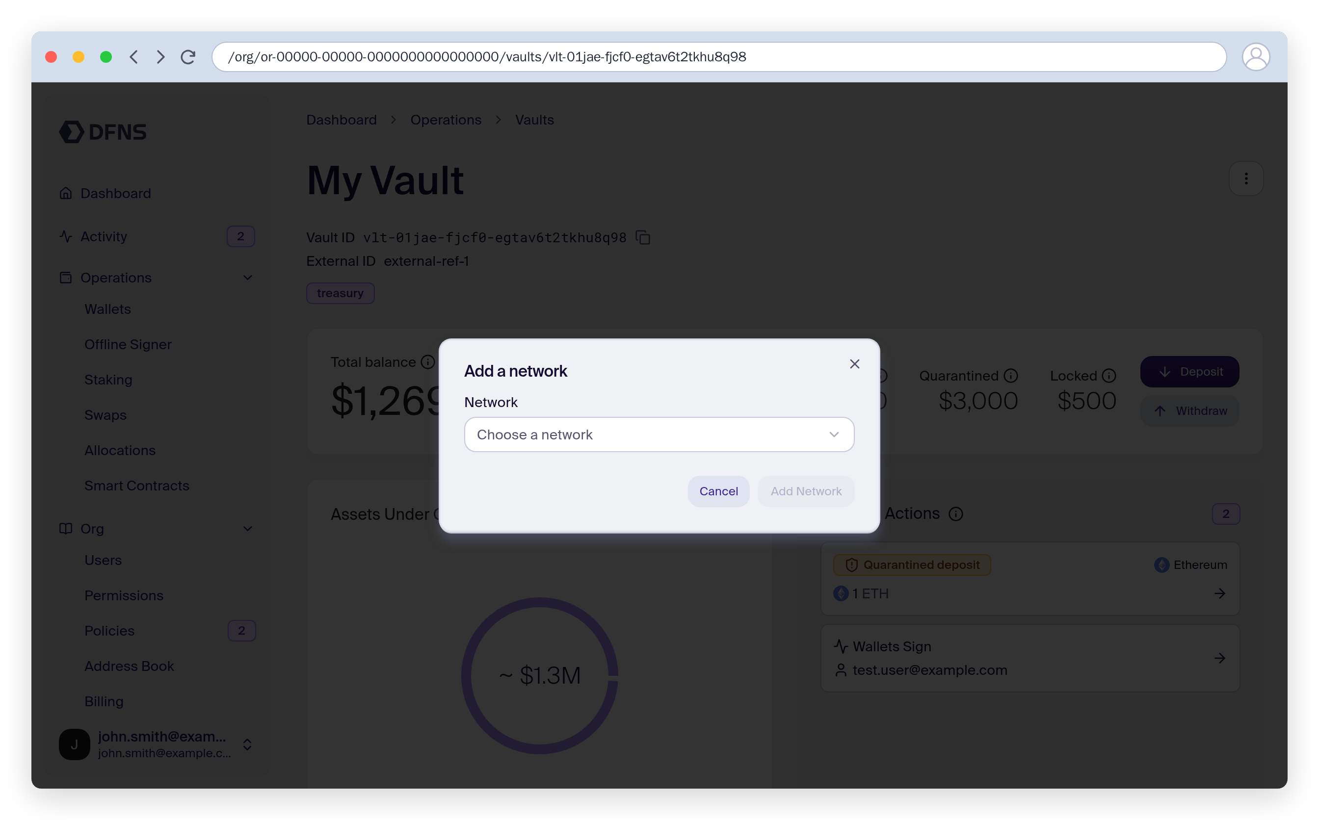 Add a network dialog with the network selector