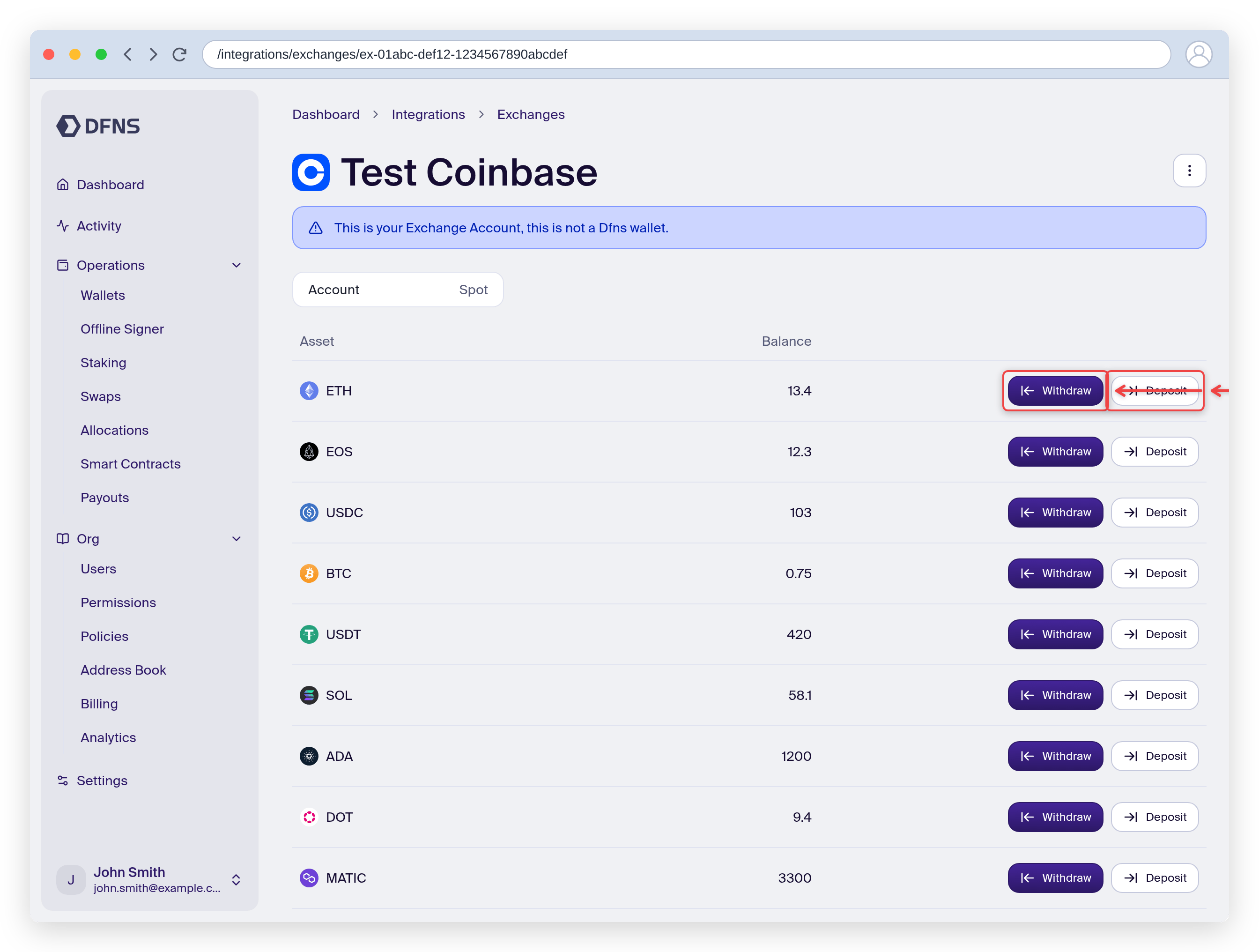 Connected exchange account showing per-asset Deposit and Withdraw buttons
