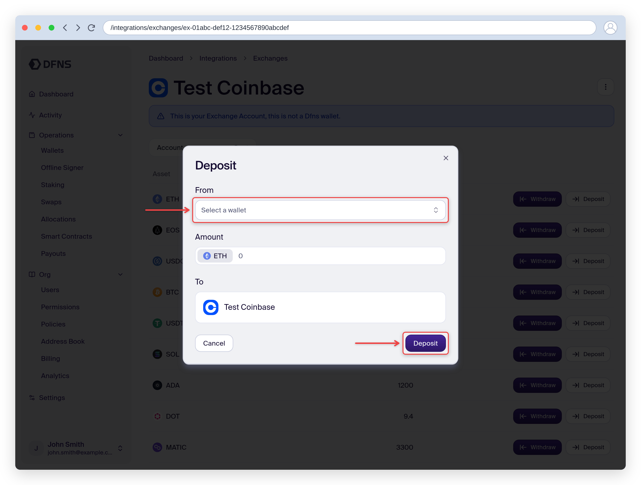 Deposit dialog selecting the source DFNS wallet and amount