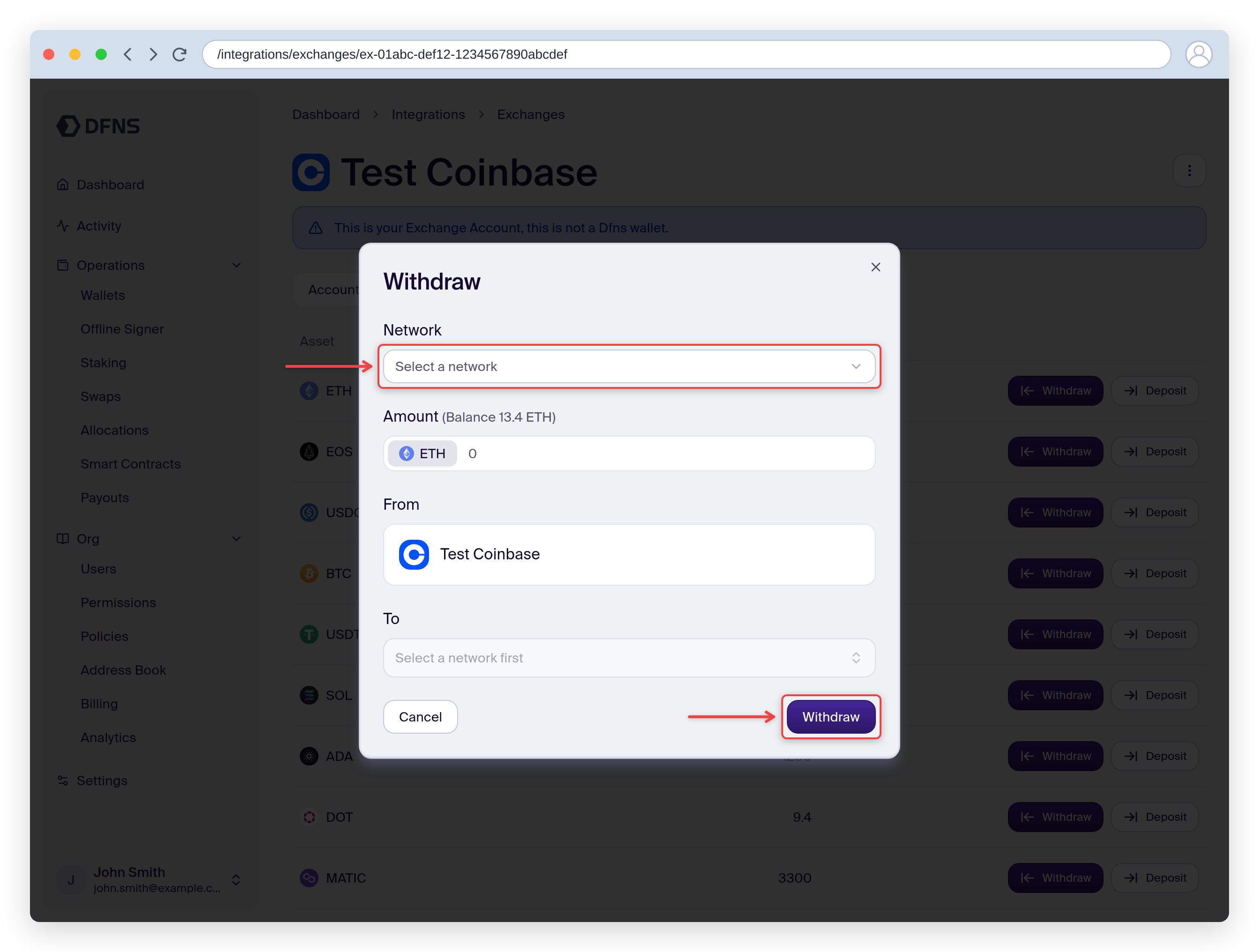 Withdraw dialog selecting the network and destination wallet