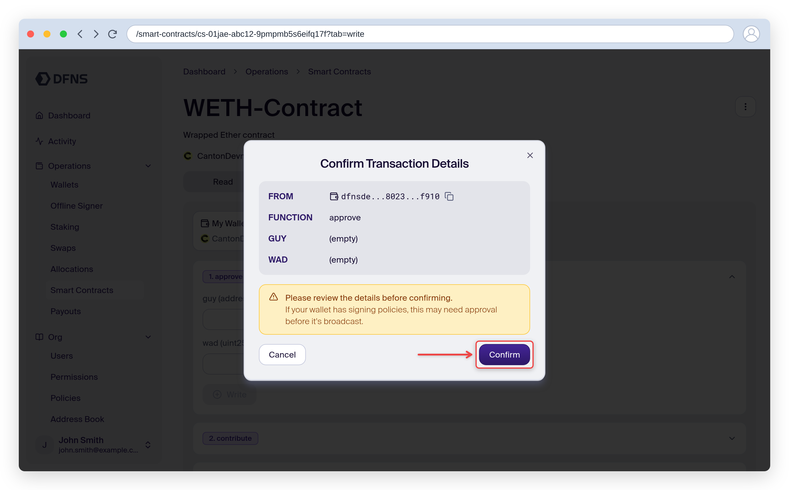 Write tab transaction confirmation dialog with the Confirm button