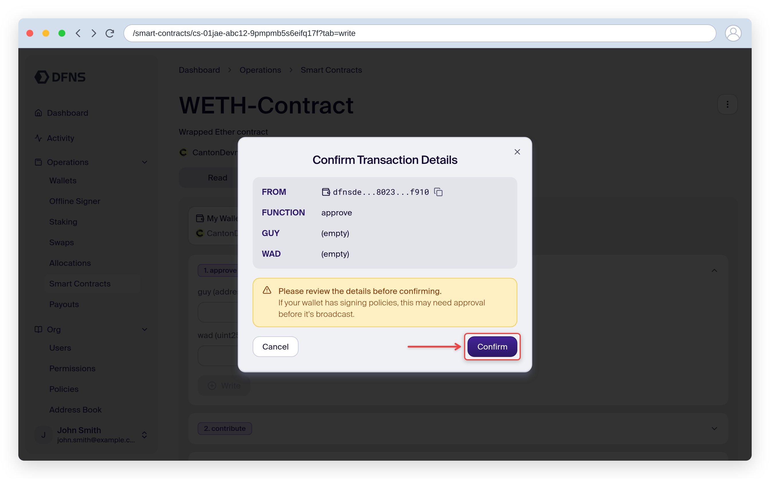 Write tab transaction confirmation dialog with the Confirm button