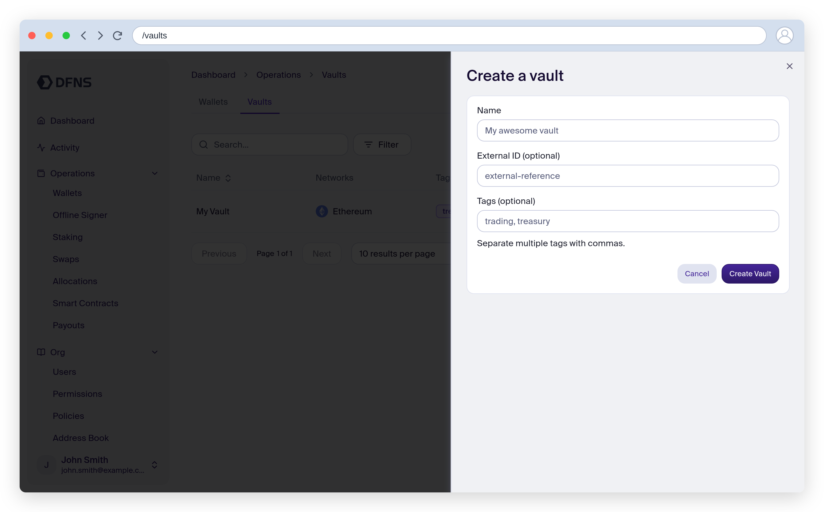 Create vault dialog with name and tags fields