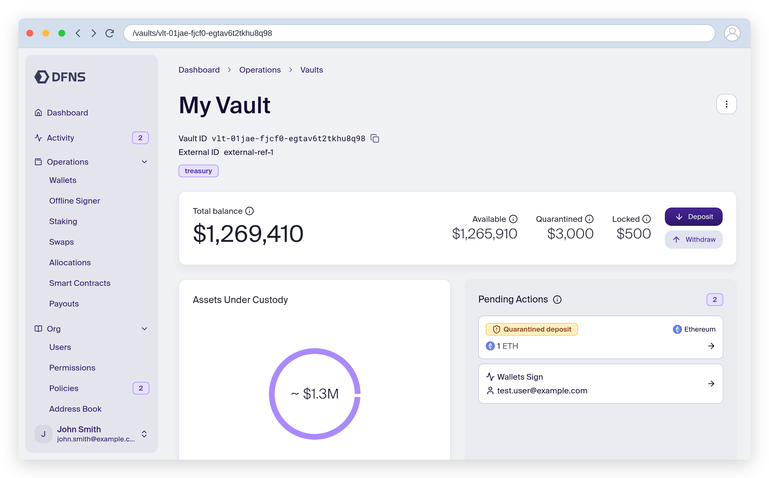 Vault detail page: total balance split into available, quarantined, and locked, an assets-under-custody chart, and pending actions