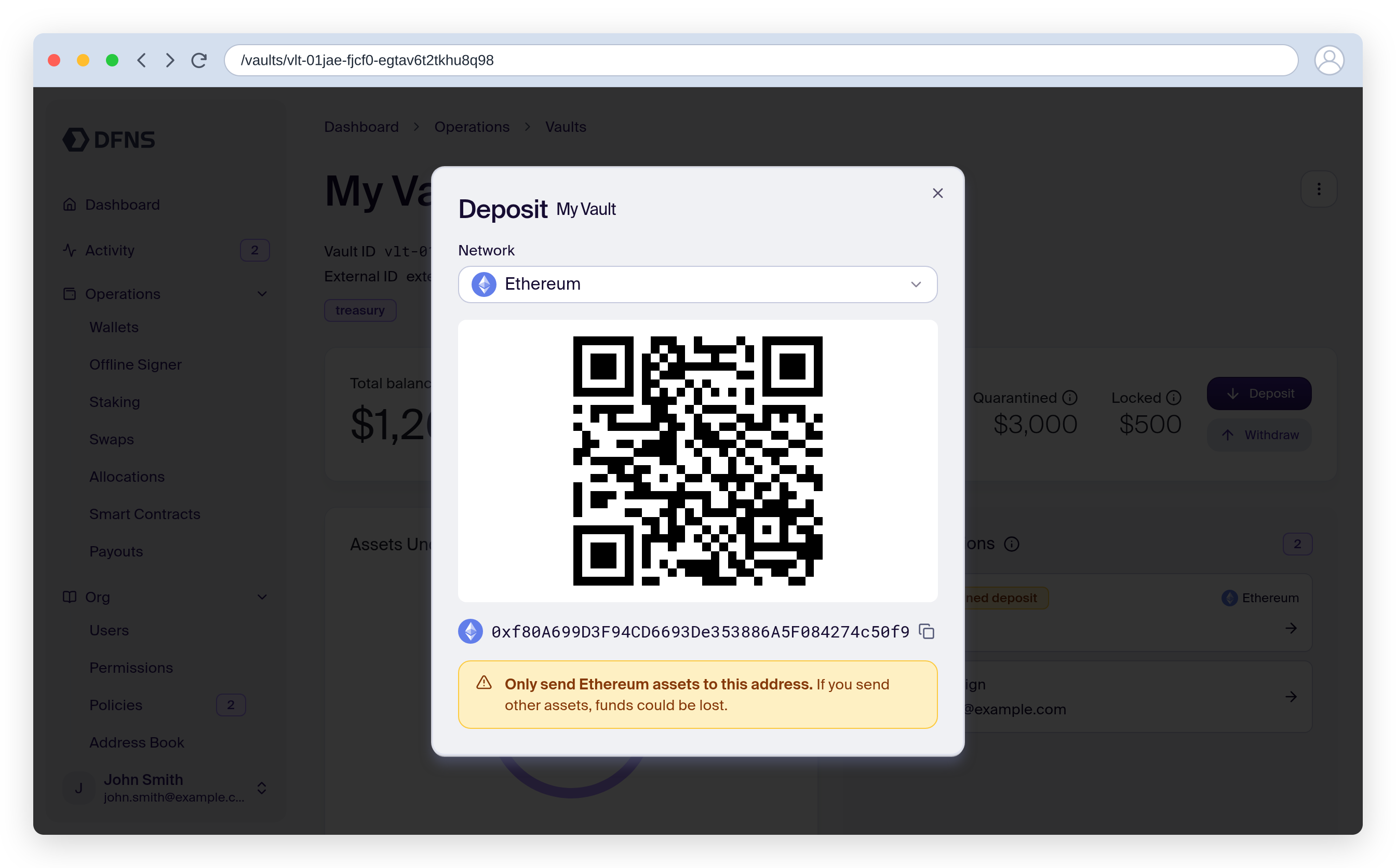 Vault deposit dialog showing the Ethereum address and its QR code