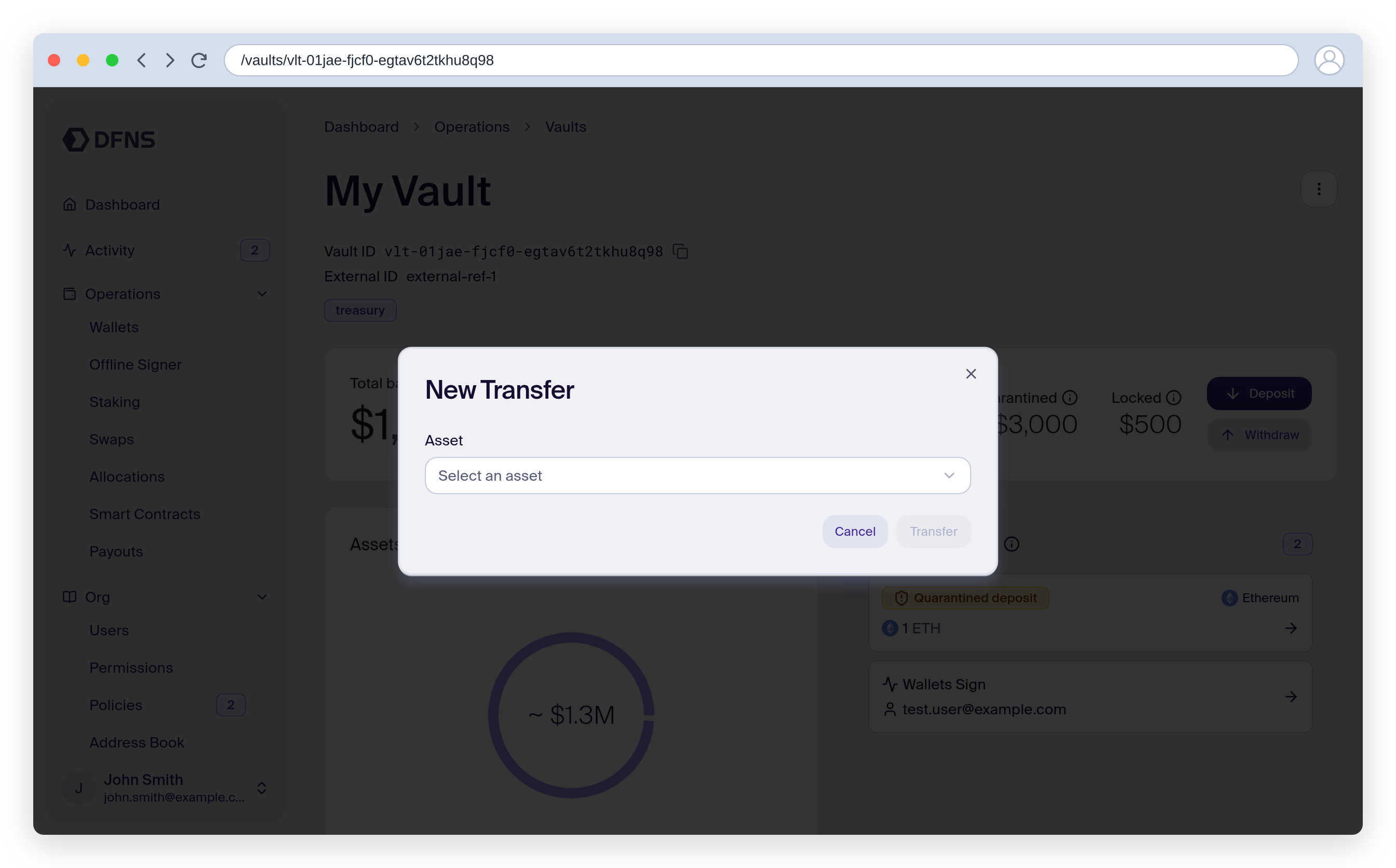 Vault transfer dialog for sending a funded asset out of the vault