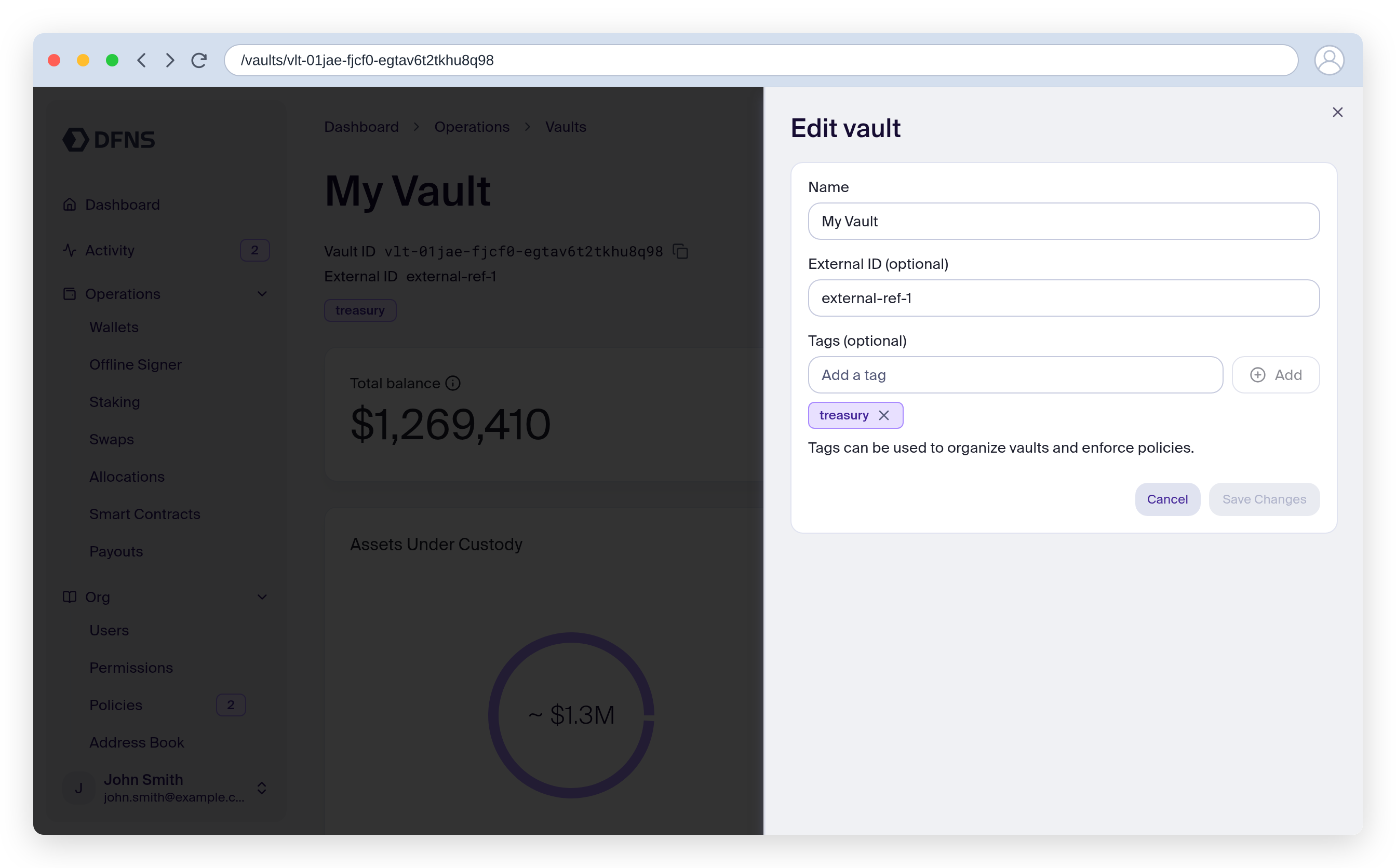 Edit vault sheet with the name and tags prefilled
