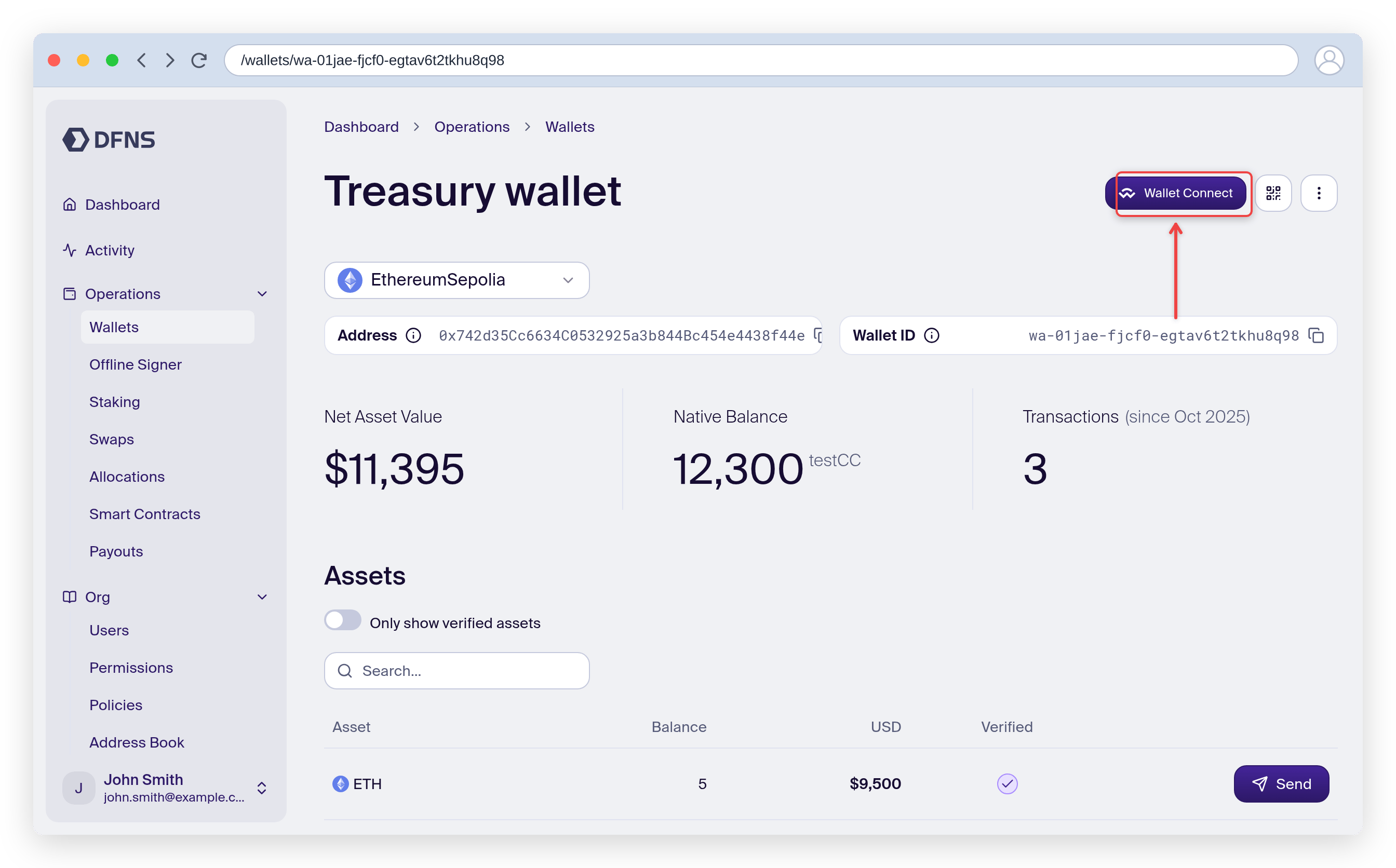 Wallet page with the WalletConnect button highlighted