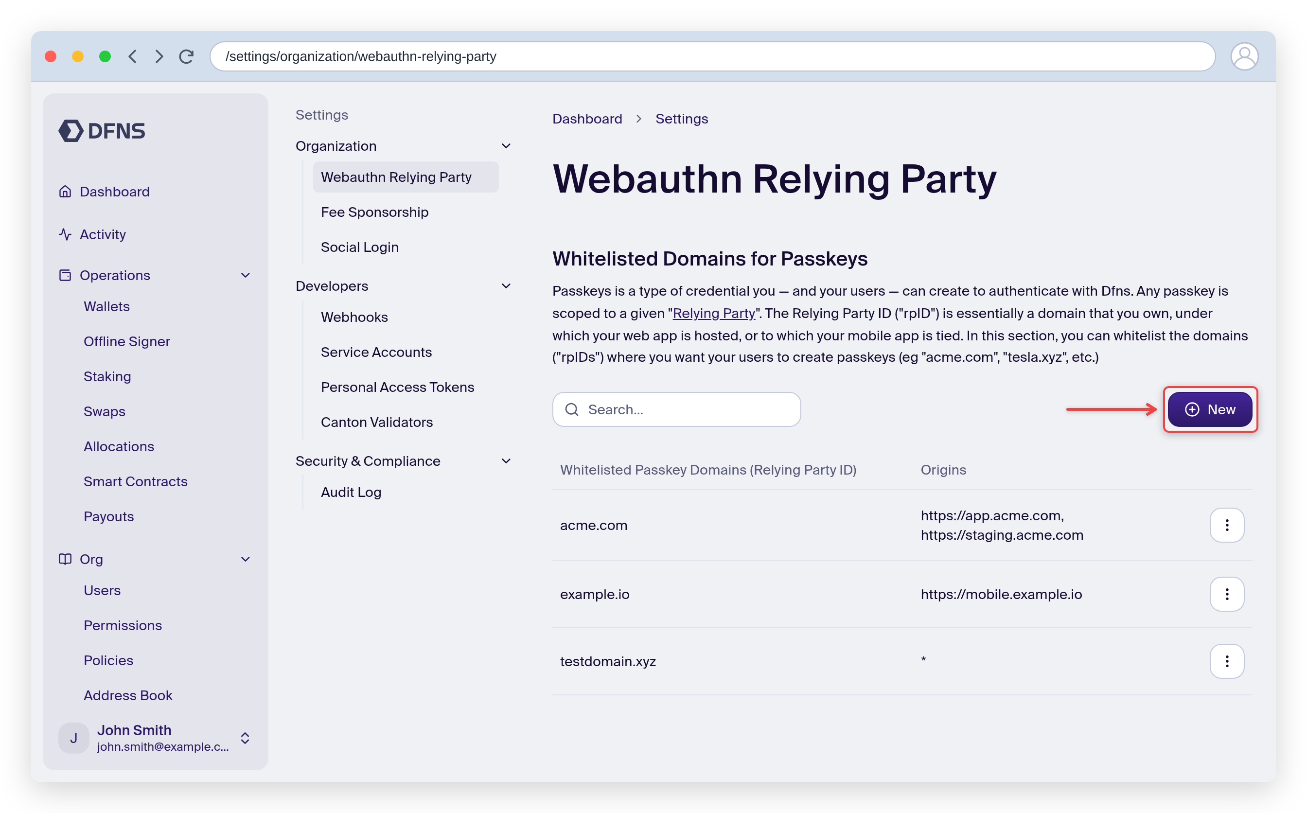 Webauthn Relying Party page listing whitelisted passkey domains and their origins