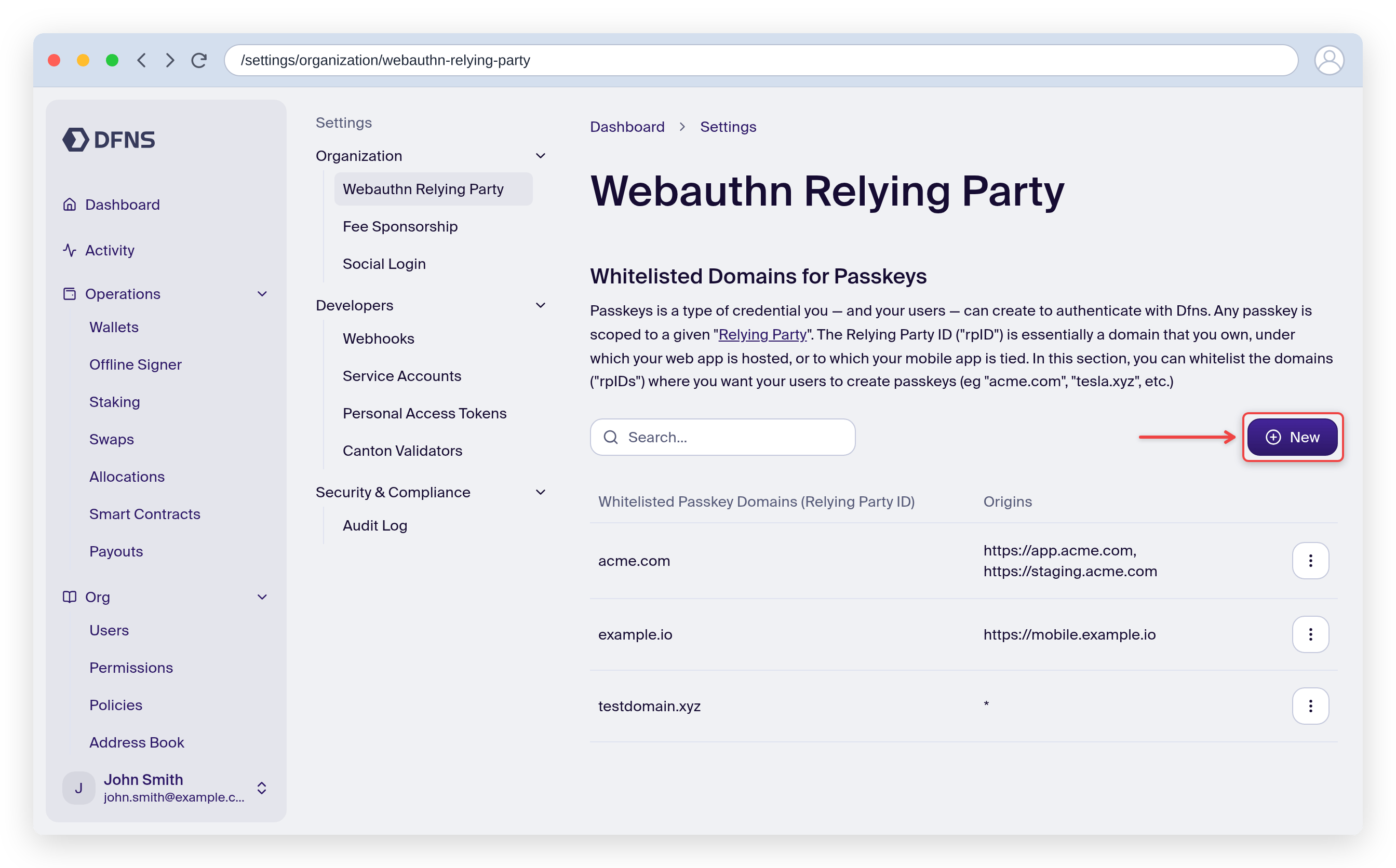 Webauthn Relying Party page listing whitelisted passkey domains and their origins