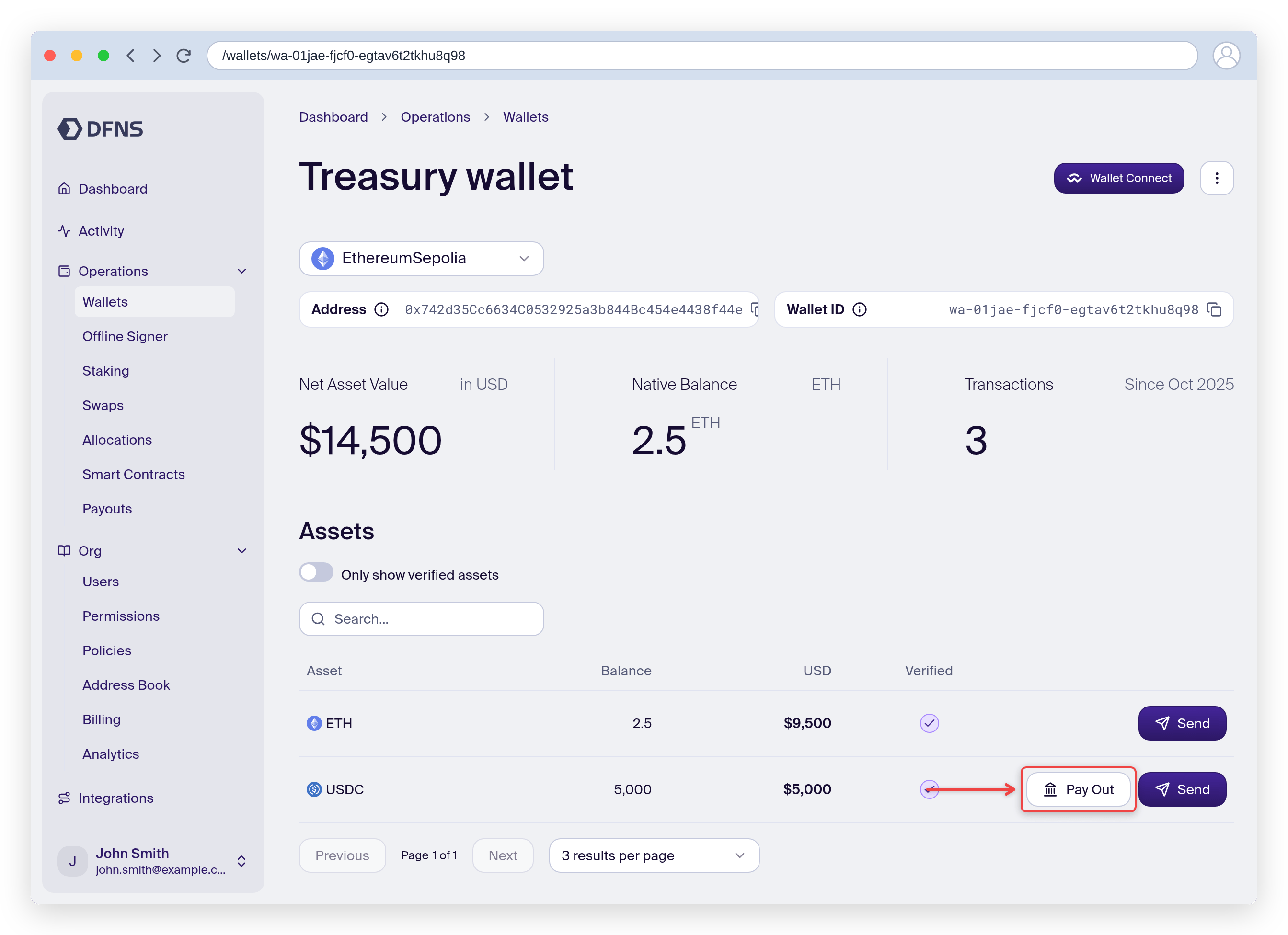 Wallet assets with the Pay Out button on the USDC row highlighted
