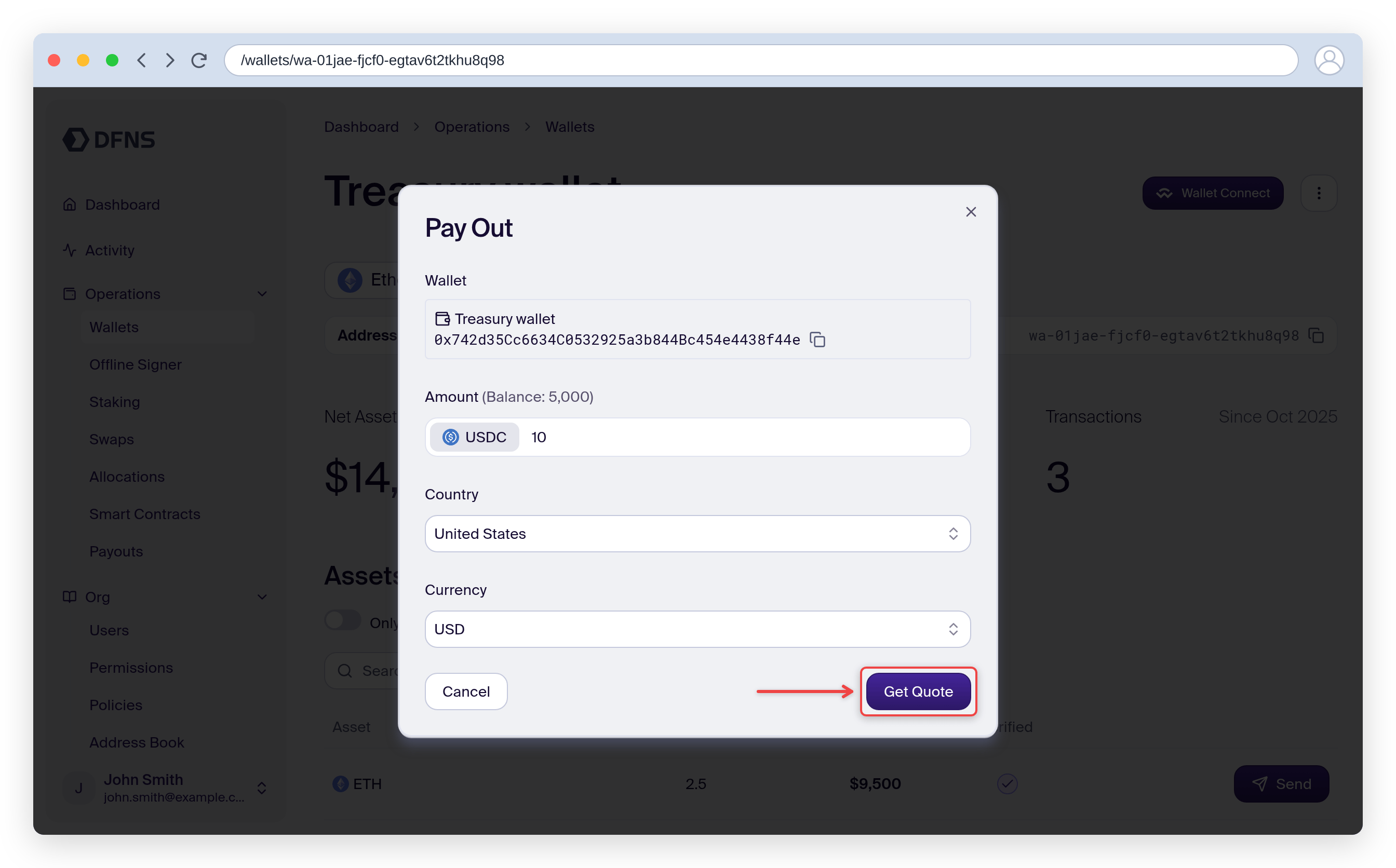 Pay Out modal with amount, destination country and the Get Quote button