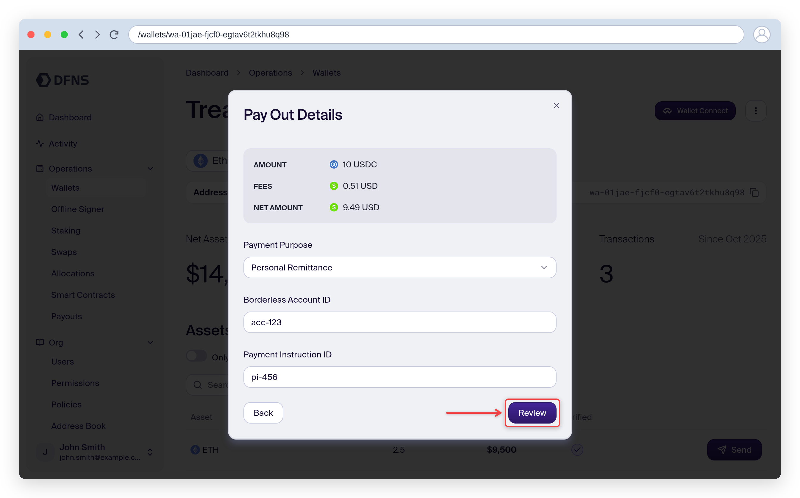 Pay Out Details with quote breakdown, payment purpose, account and instruction fields