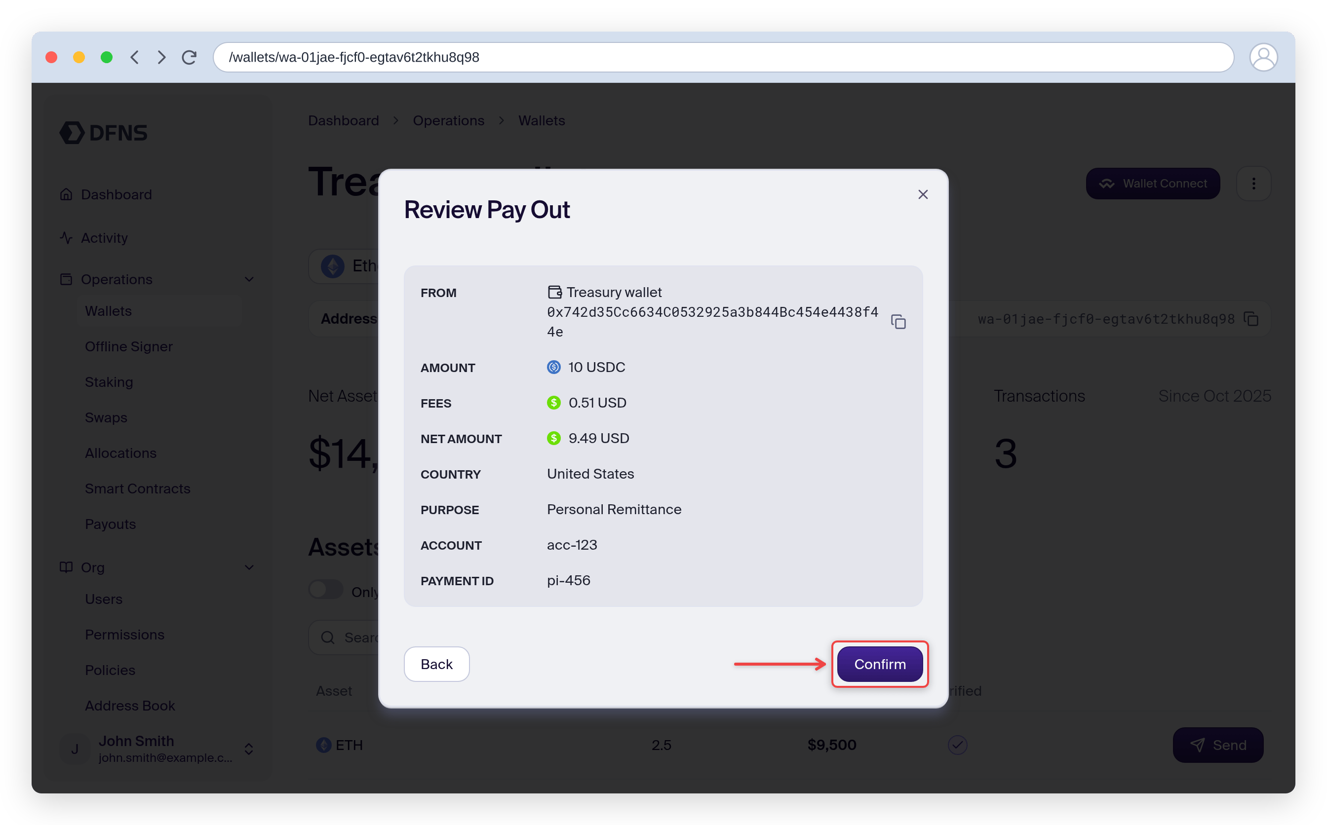 Review Pay Out summary with the Confirm button
