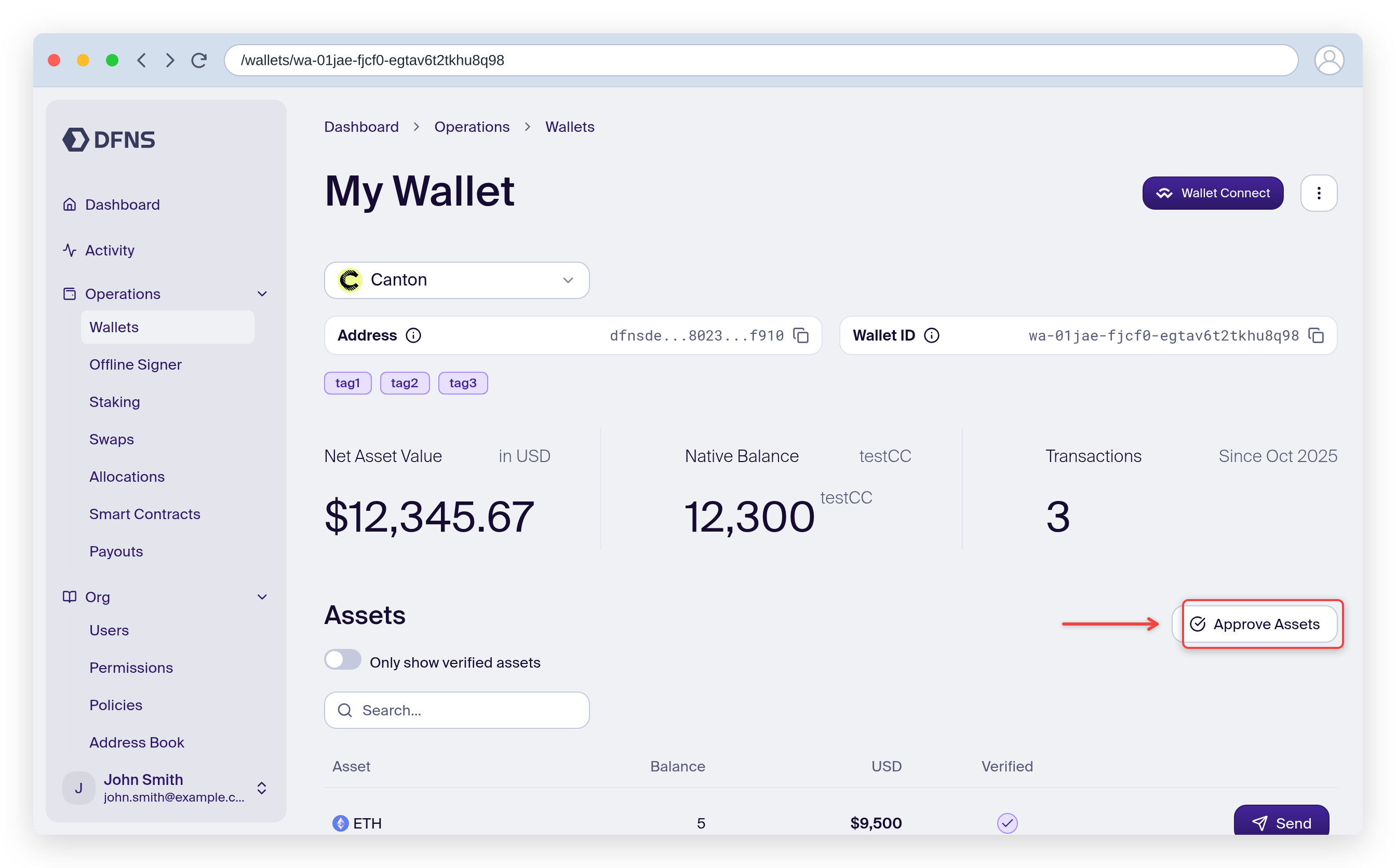 Canton wallet page with the Approve Assets button highlighted