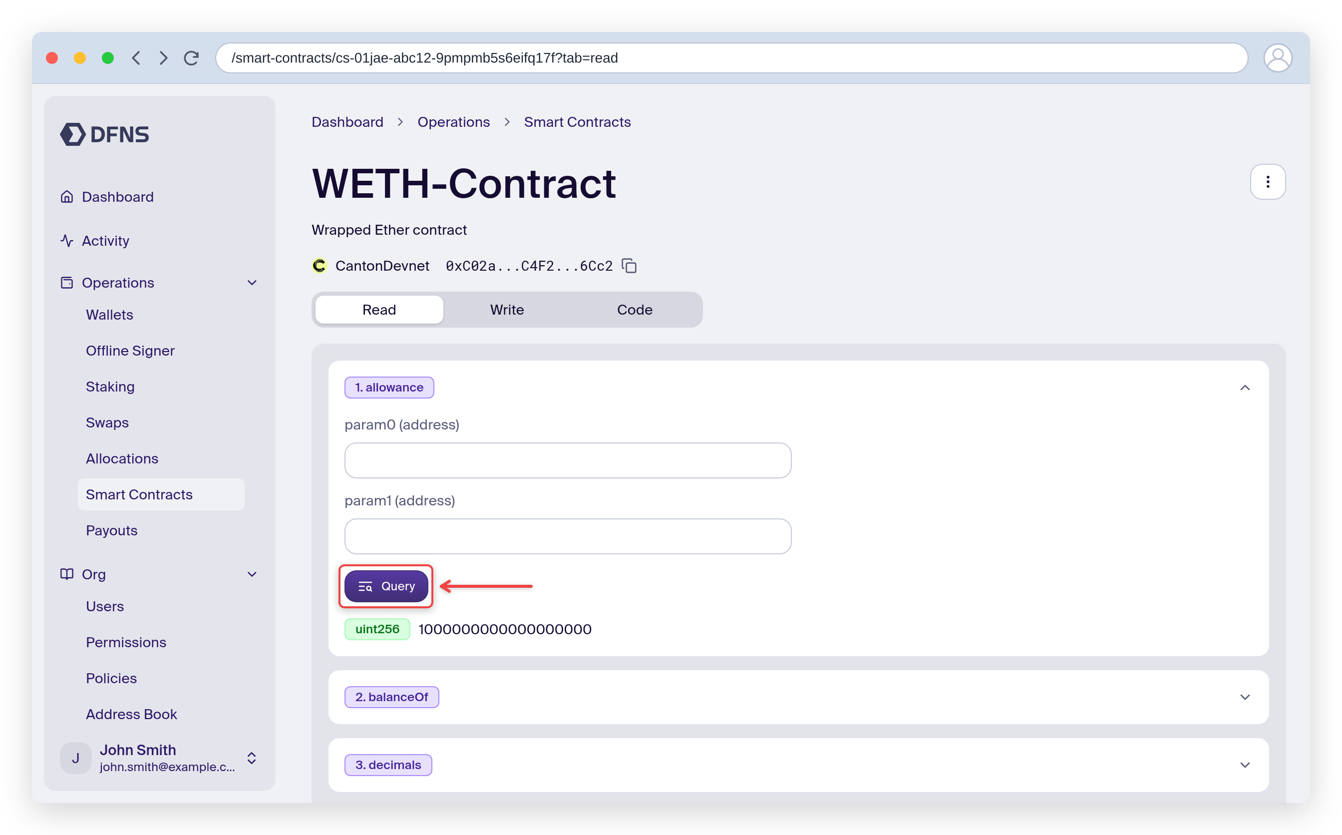 Read tab with a function expanded, the Query button and its returned result