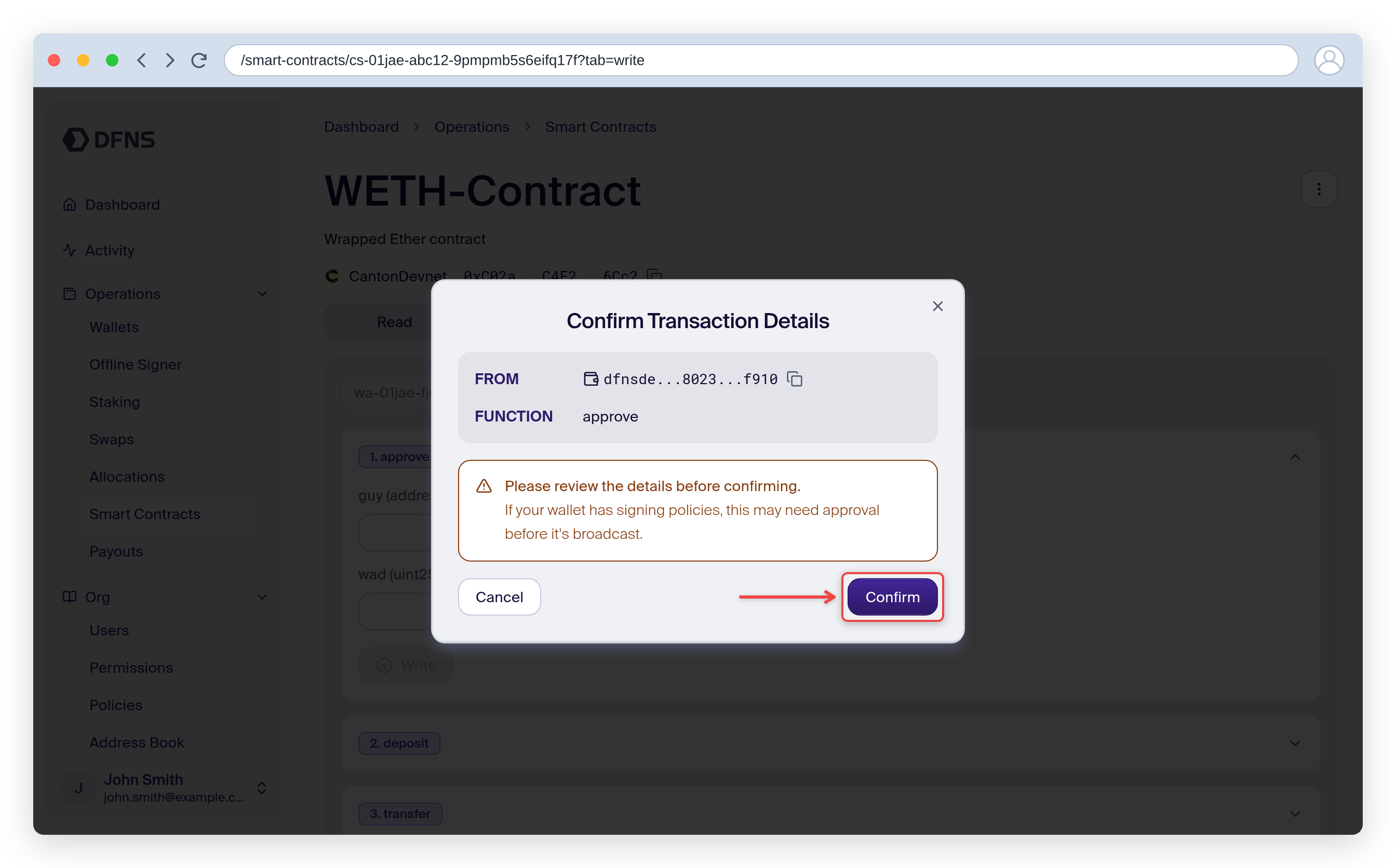 Write tab transaction confirmation dialog with the Confirm button
