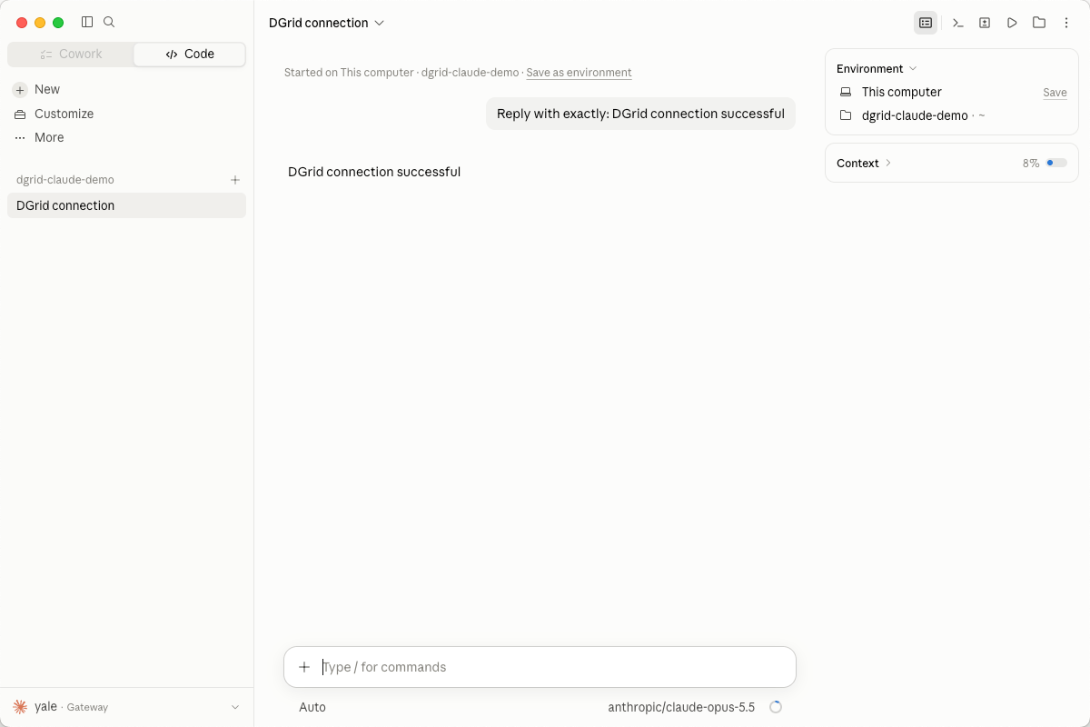 A successful DGrid reply in the Claude desktop Code tab