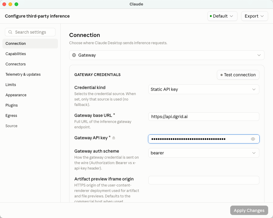 DGrid gateway connection settings in the Claude desktop app