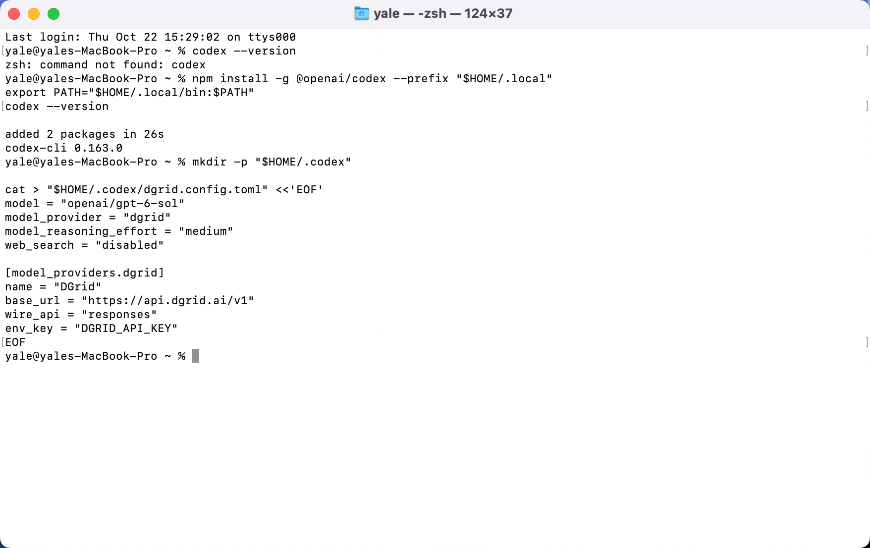 Codex CLI installed and a separate DGrid profile created in Terminal