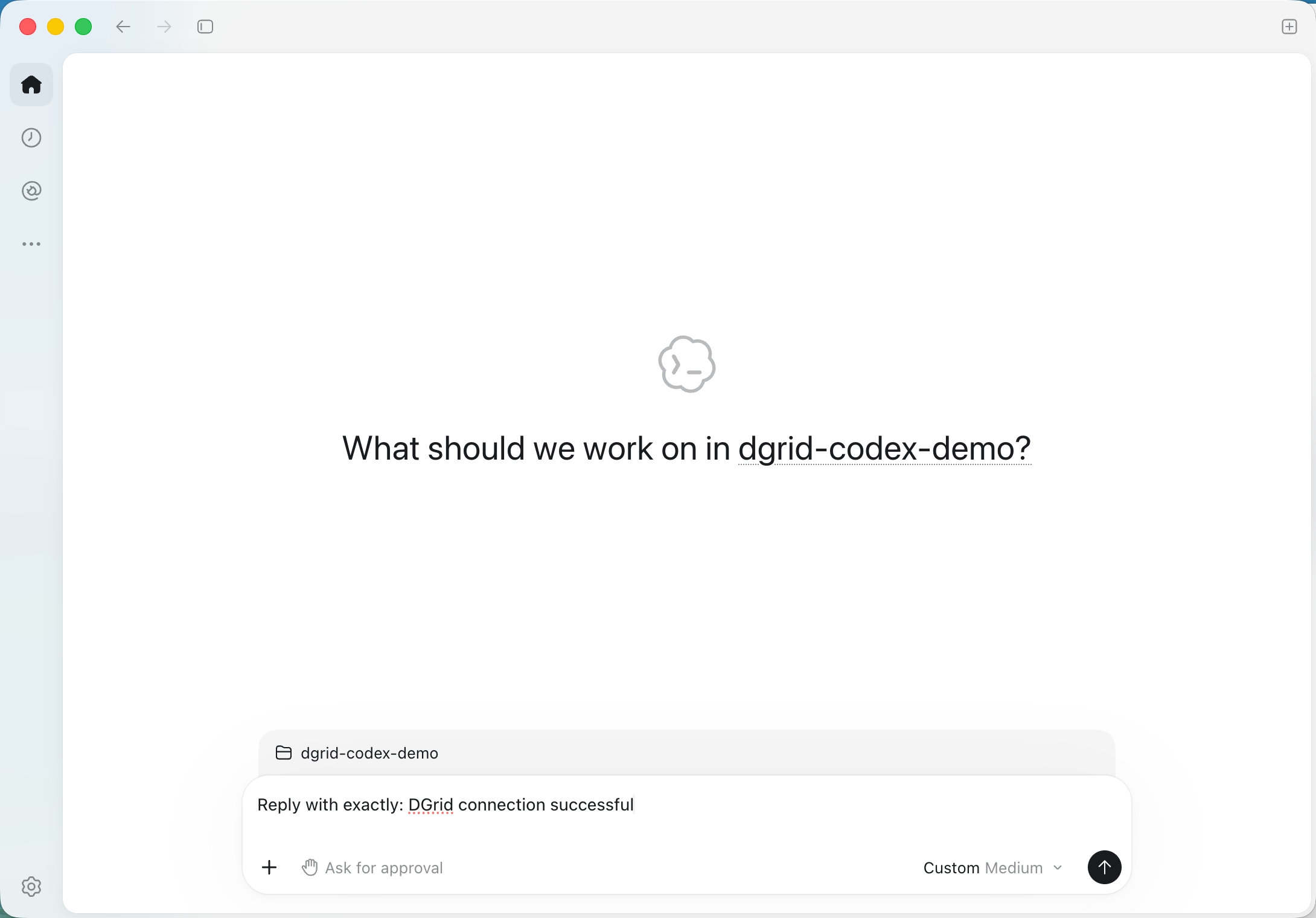 A project selected and the connection prompt ready to send in Codex