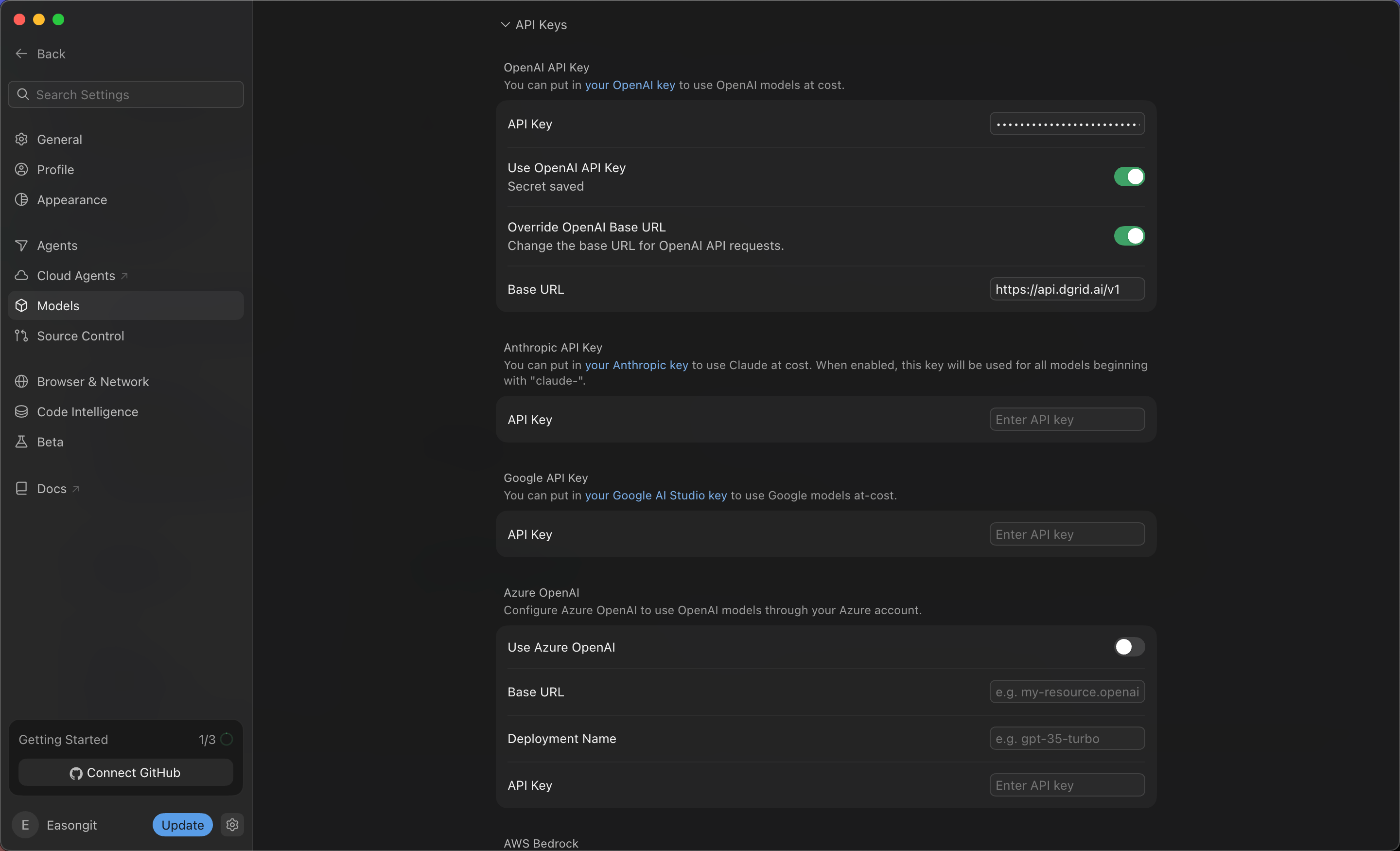 Saved DGrid key, enabled API key and base URL switches, and DGrid base URL