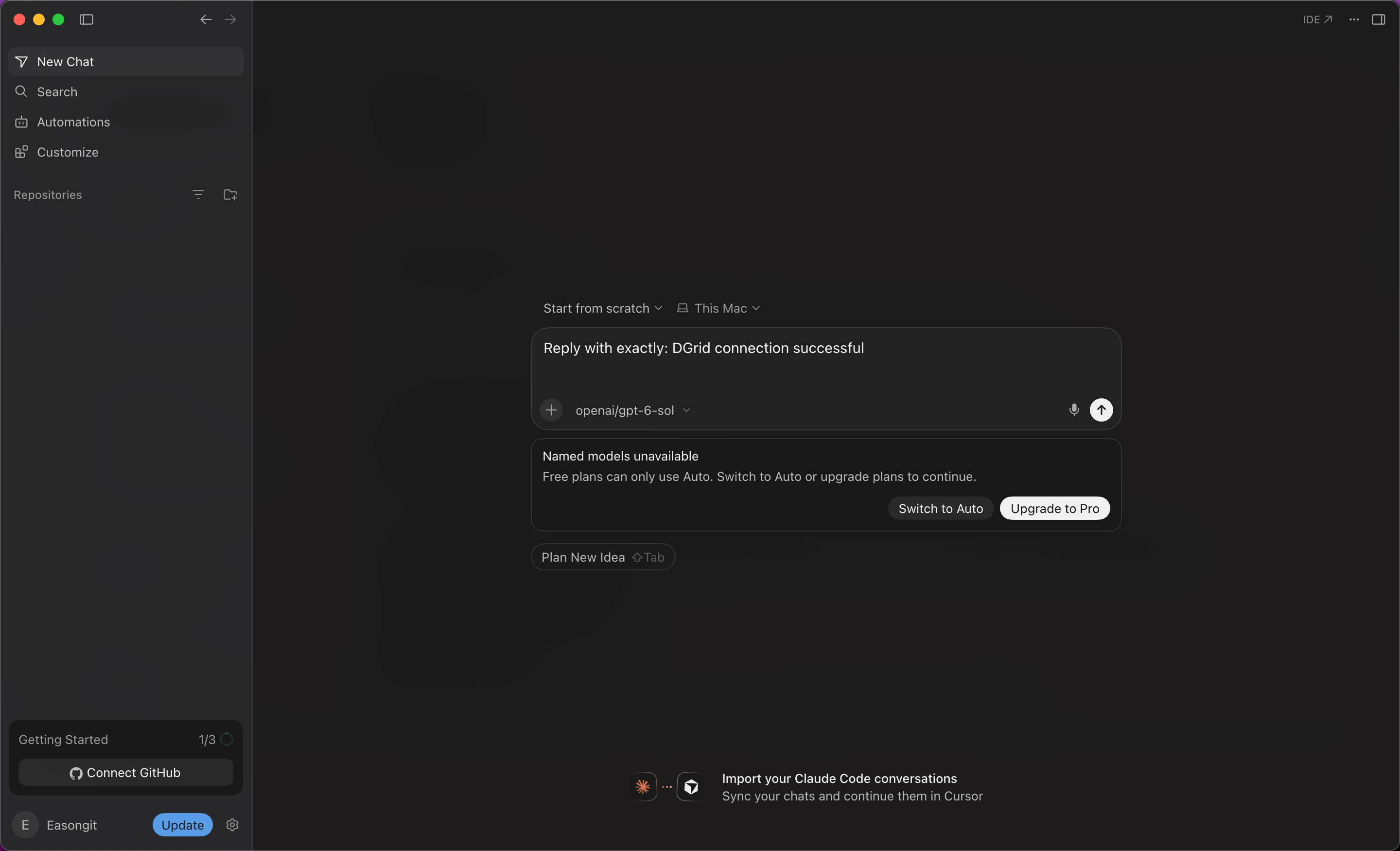 Cursor's free-plan restriction when sending a message with the custom model