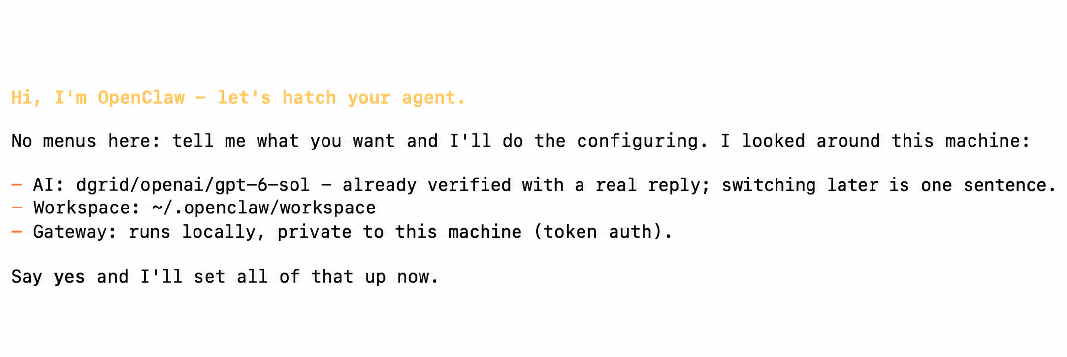 Review the setup summary and enter yes to apply it
