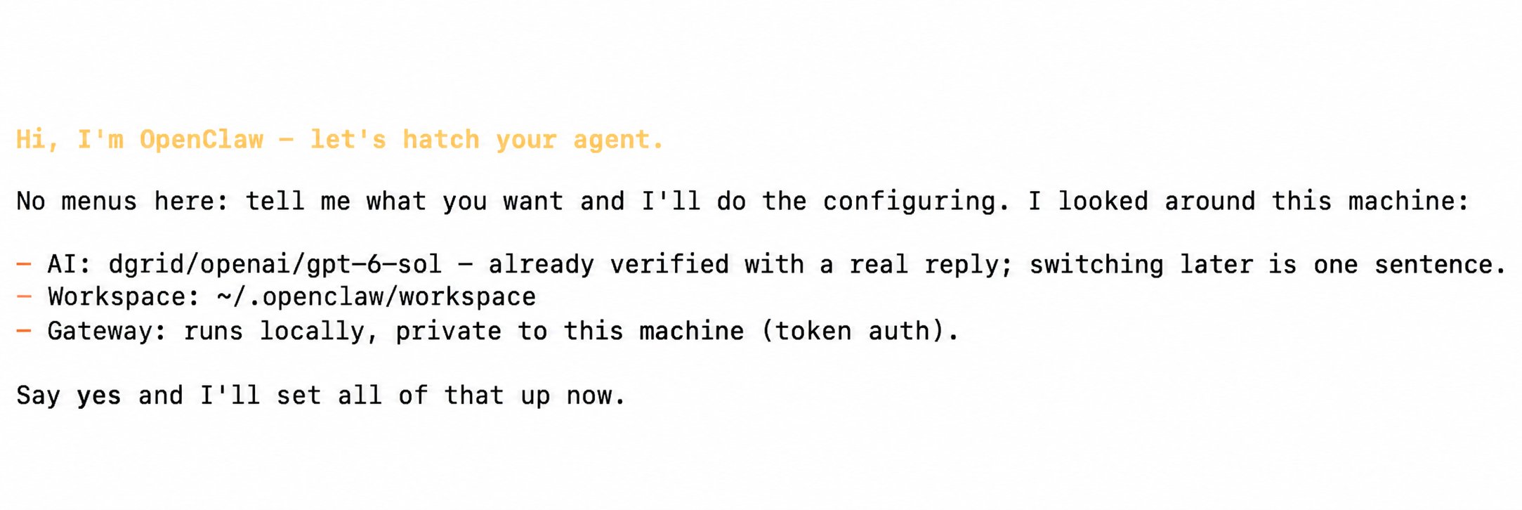 Review the setup summary and enter yes to apply it