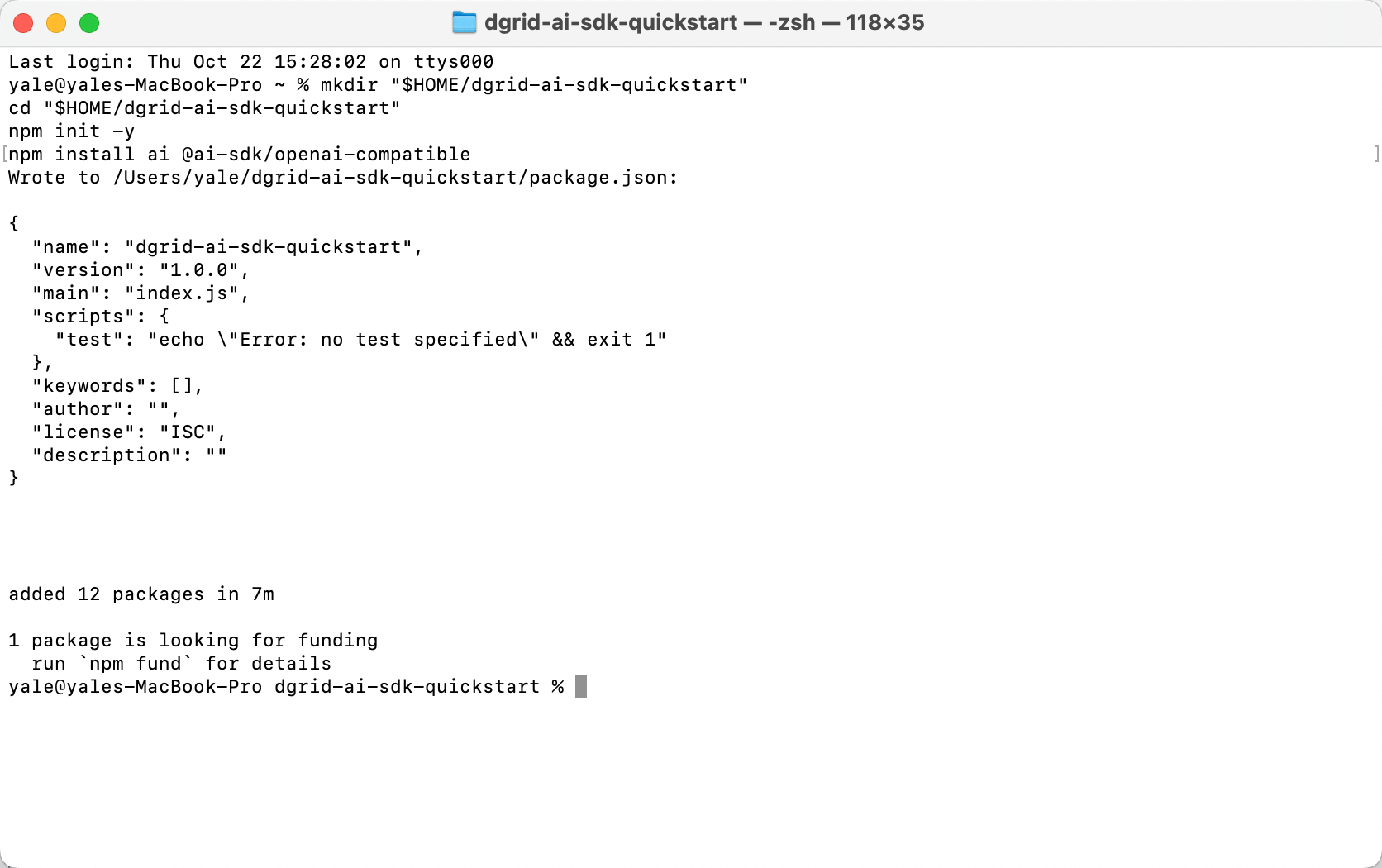 The example project and SDK dependencies installed in Terminal
