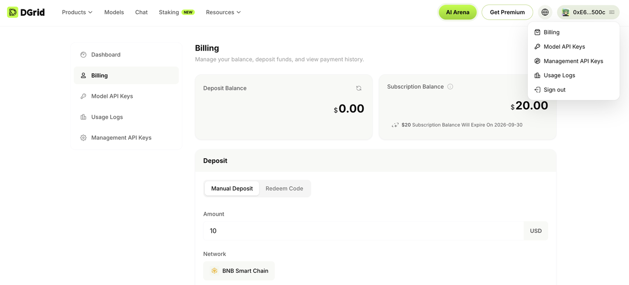 Opción Billing en el menú del perfil de DGrid