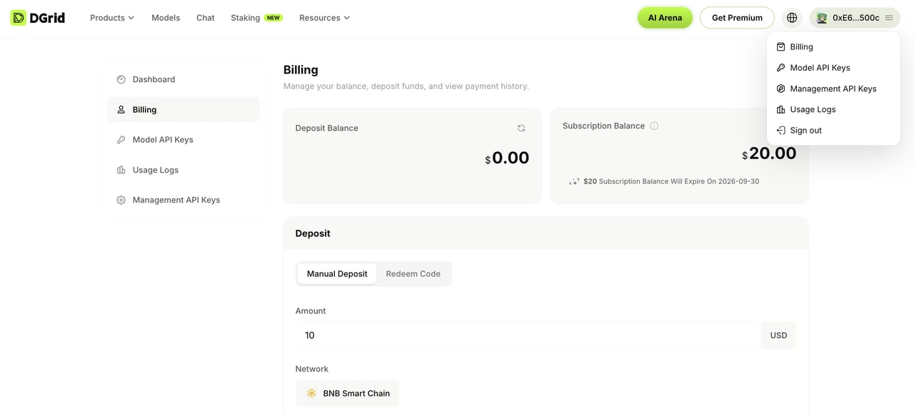 Opción Billing en el menú del perfil de DGrid