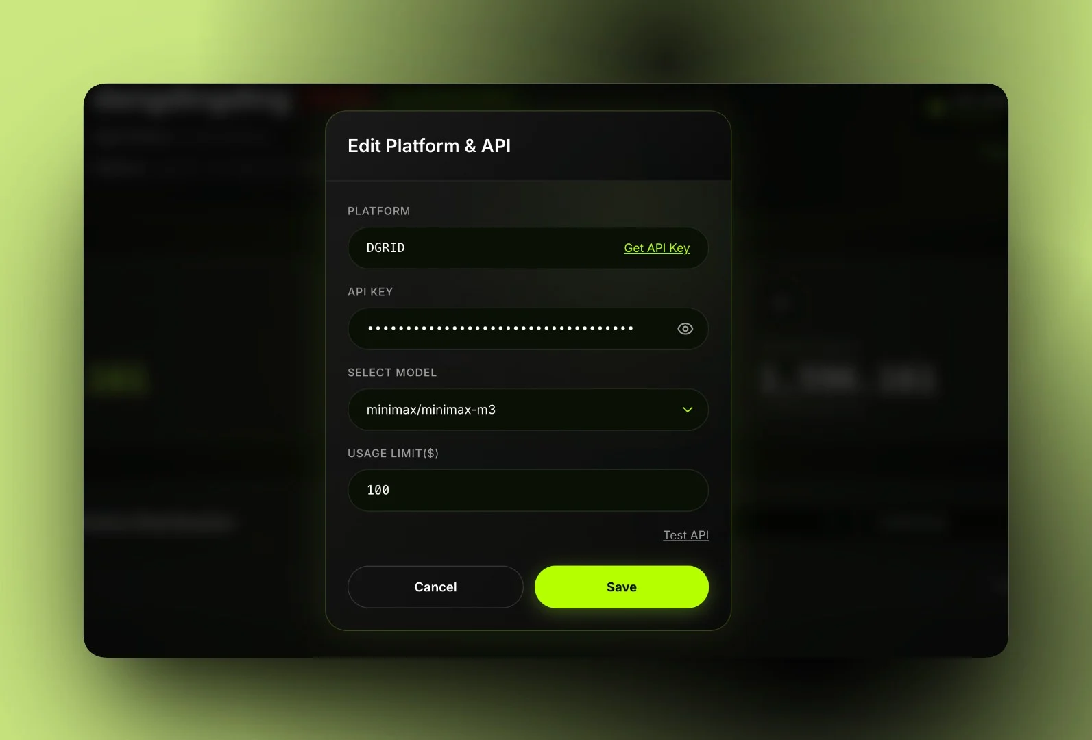 API setup form with platform, key, and model fields