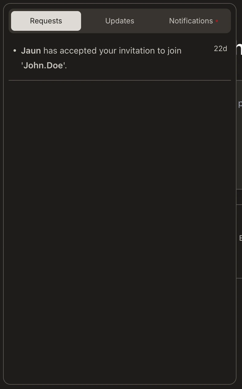 Notification panel showing Requests, Updates, and Notifications tabs.