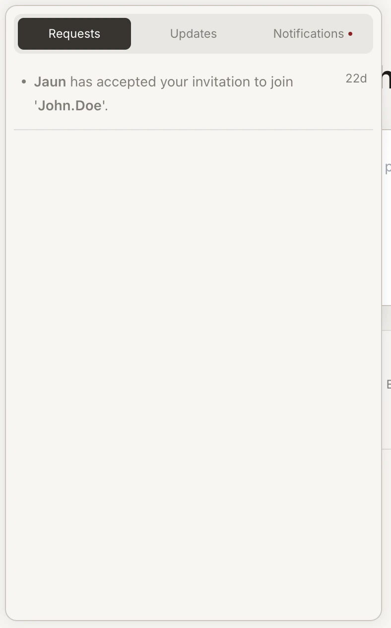 Notification panel showing Requests, Updates, and Notifications tabs.