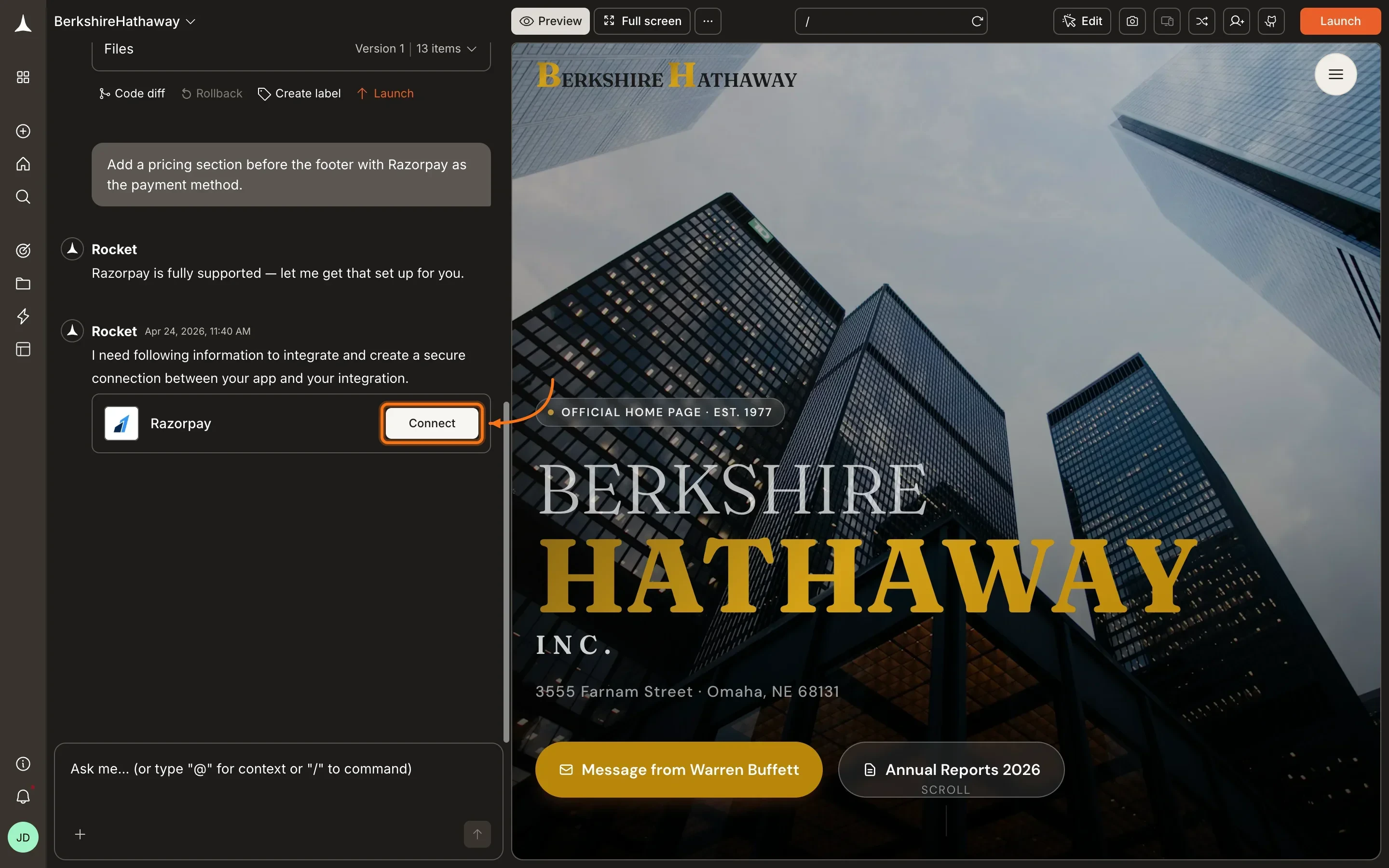 Razorpay connection prompt in the Rocket chat panel.