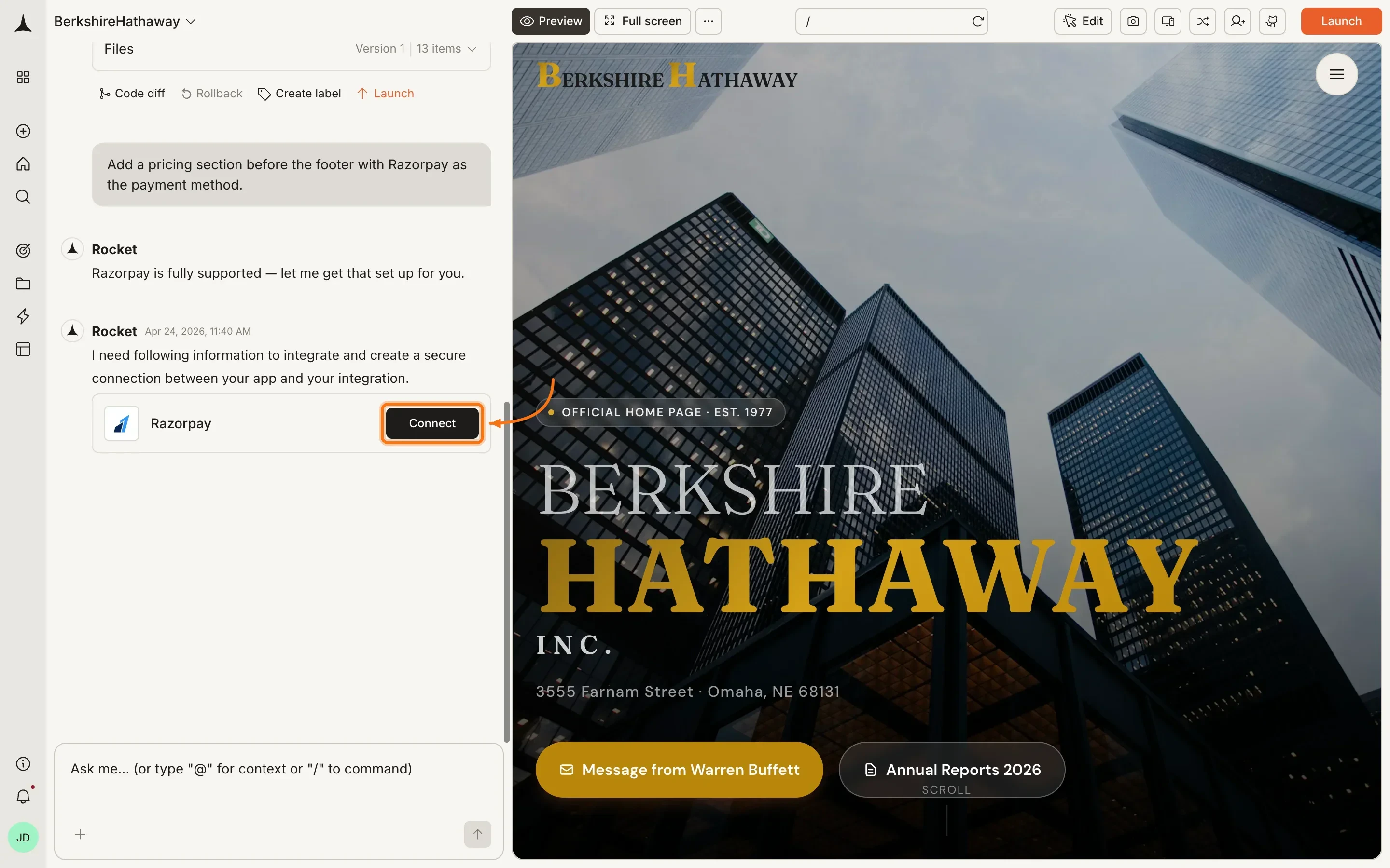 Razorpay connection prompt in the Rocket chat panel.