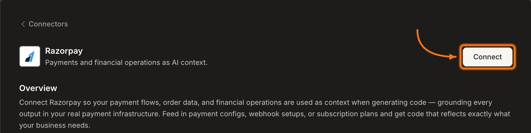 Connectors tab showing the Razorpay card with a Connect button.