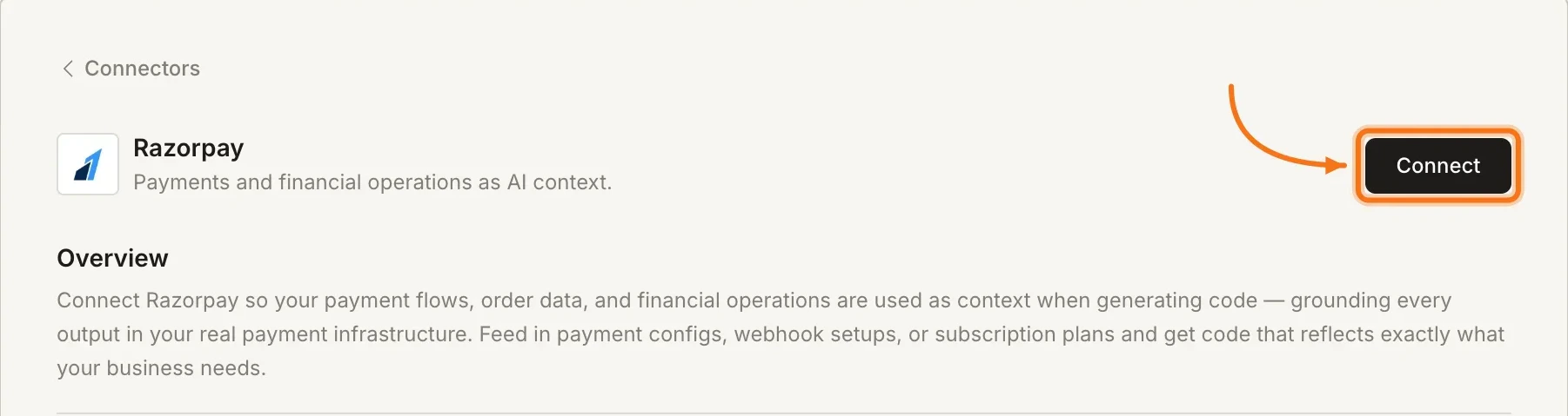 Connectors tab showing the Razorpay card with a Connect button.