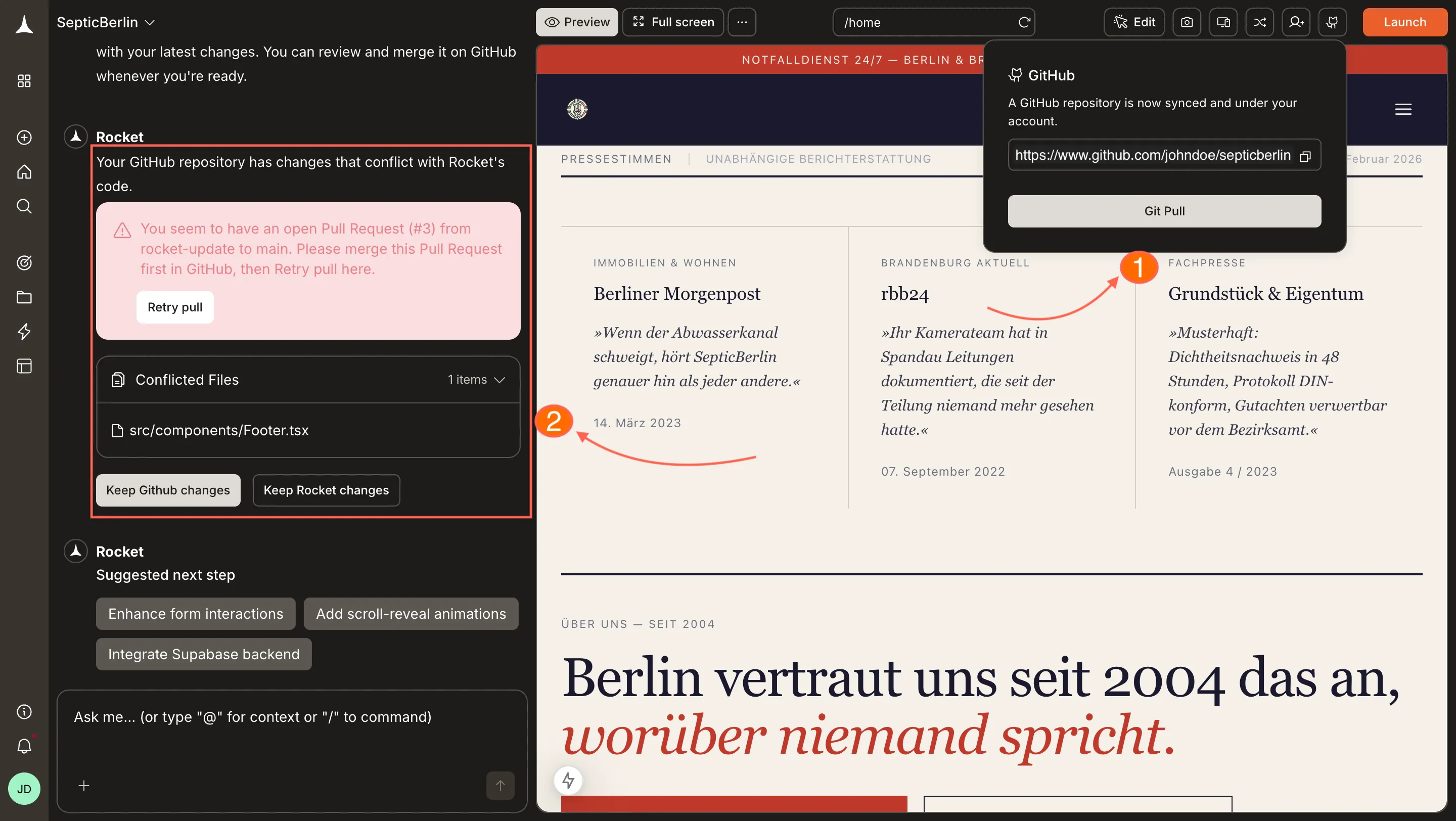 GitHub pull dialog showing Pull from GitHub button.