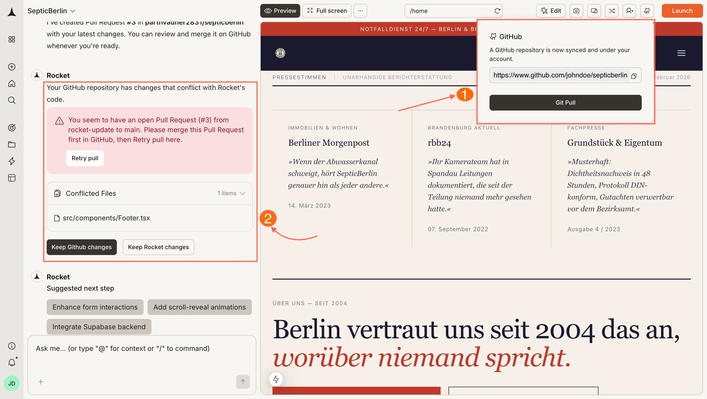 GitHub pull dialog showing Pull from GitHub button.