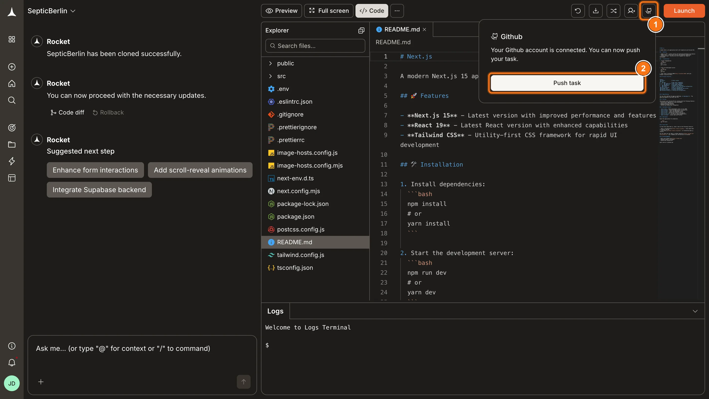 GitHub push dialog showing repository selection and Push button.