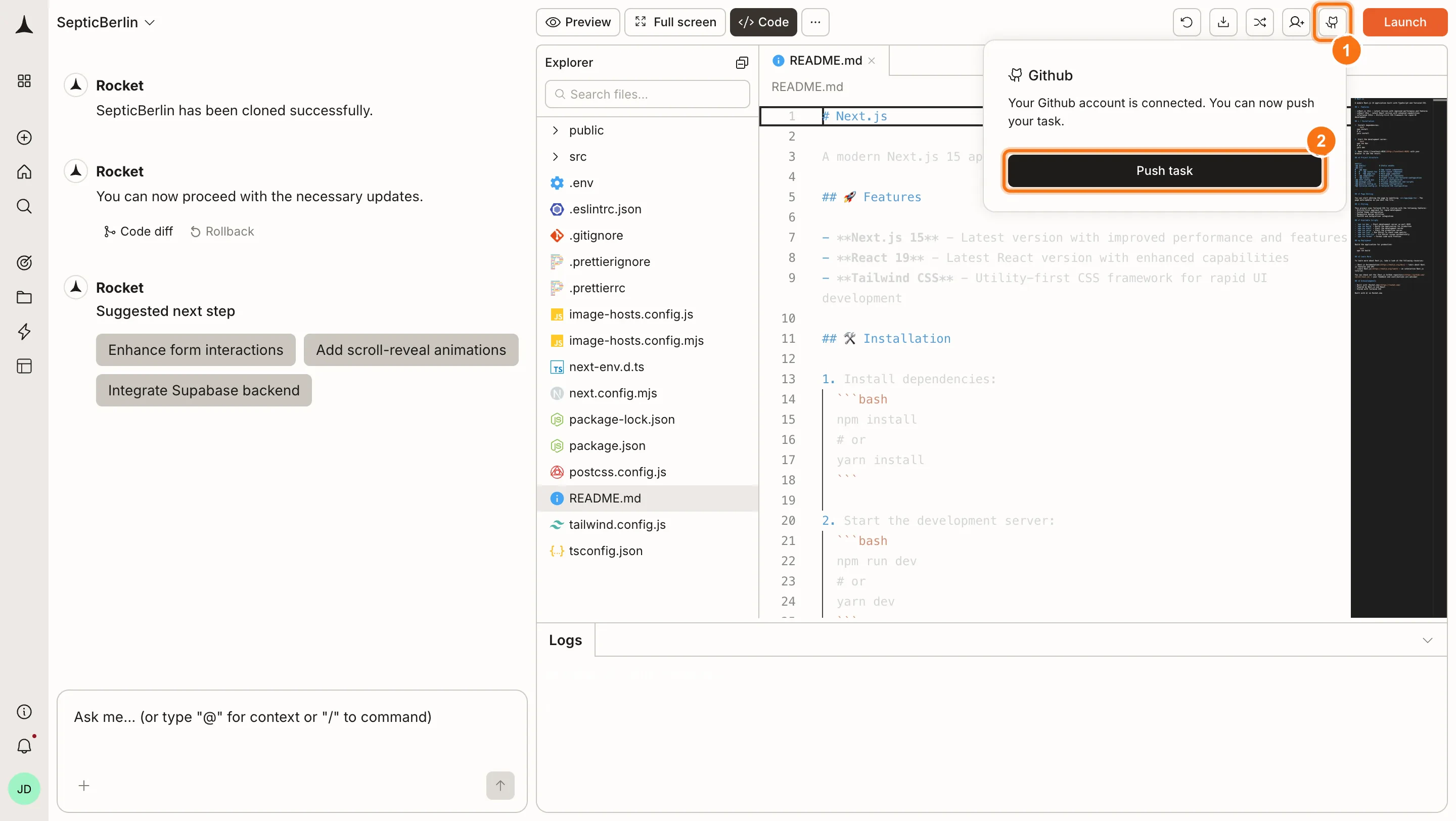 GitHub push dialog showing repository selection and Push button.