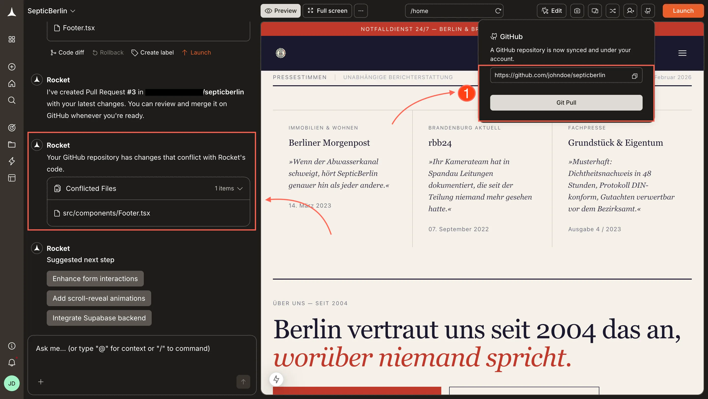 Rocket showing conflict resolution options during a GitHub pull.