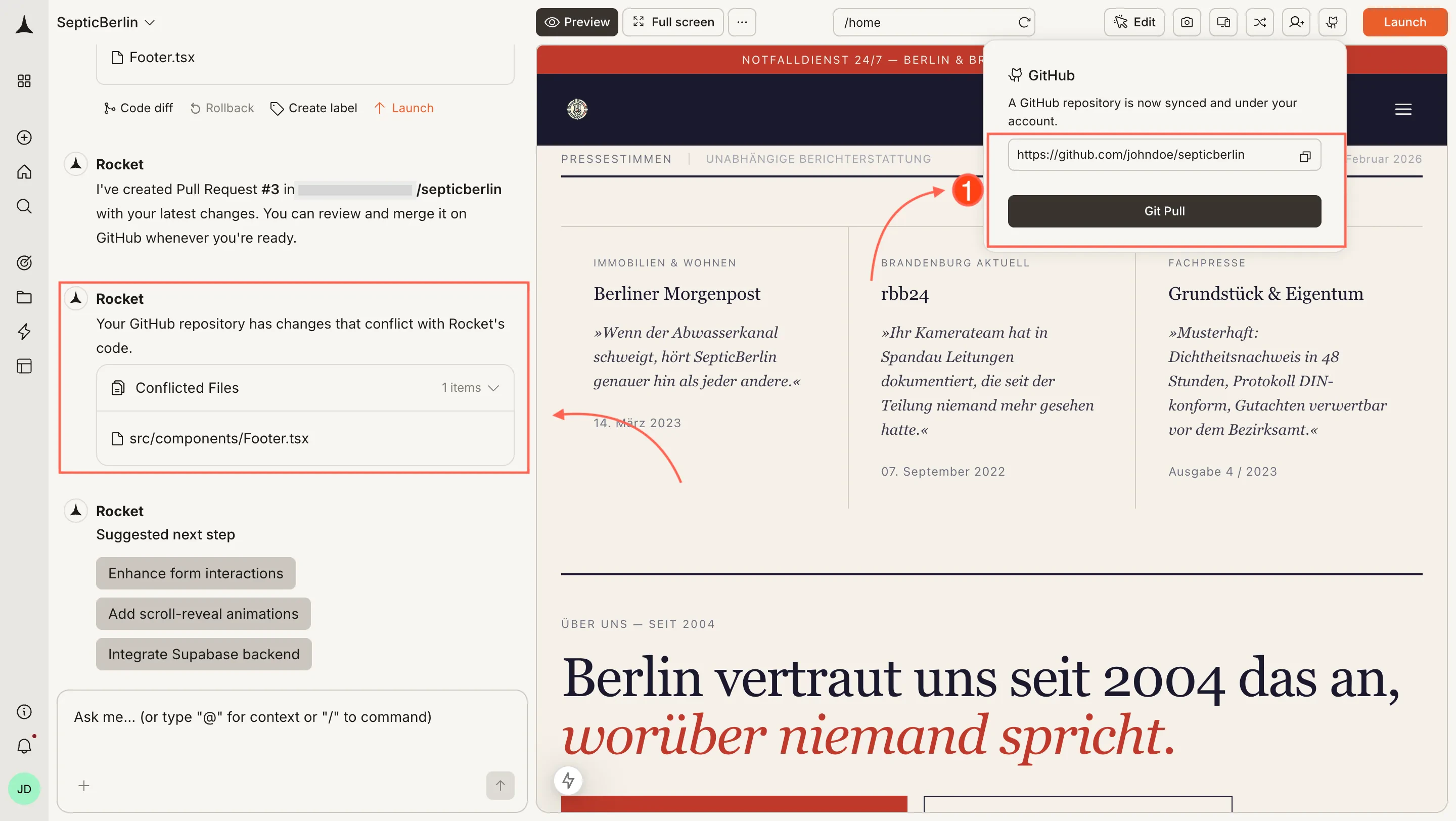 Rocket showing conflict resolution options during a GitHub pull.