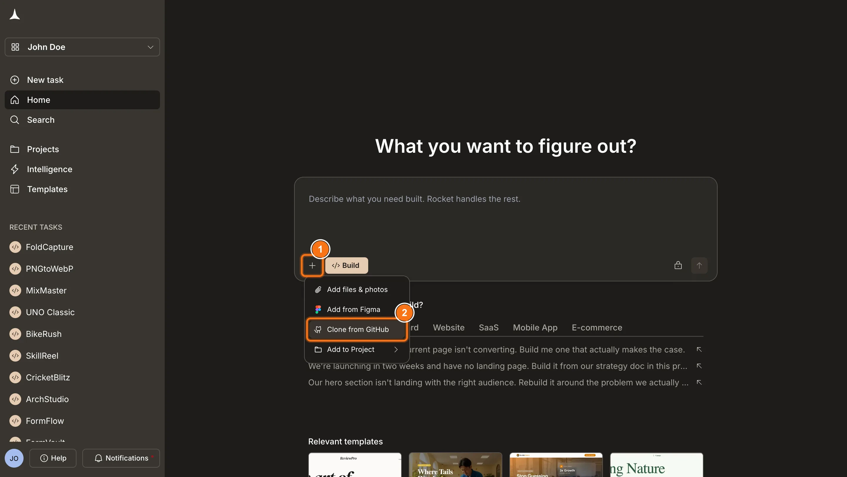 Rocket homepage with the + menu open, highlighting the Clone from GitHub option.