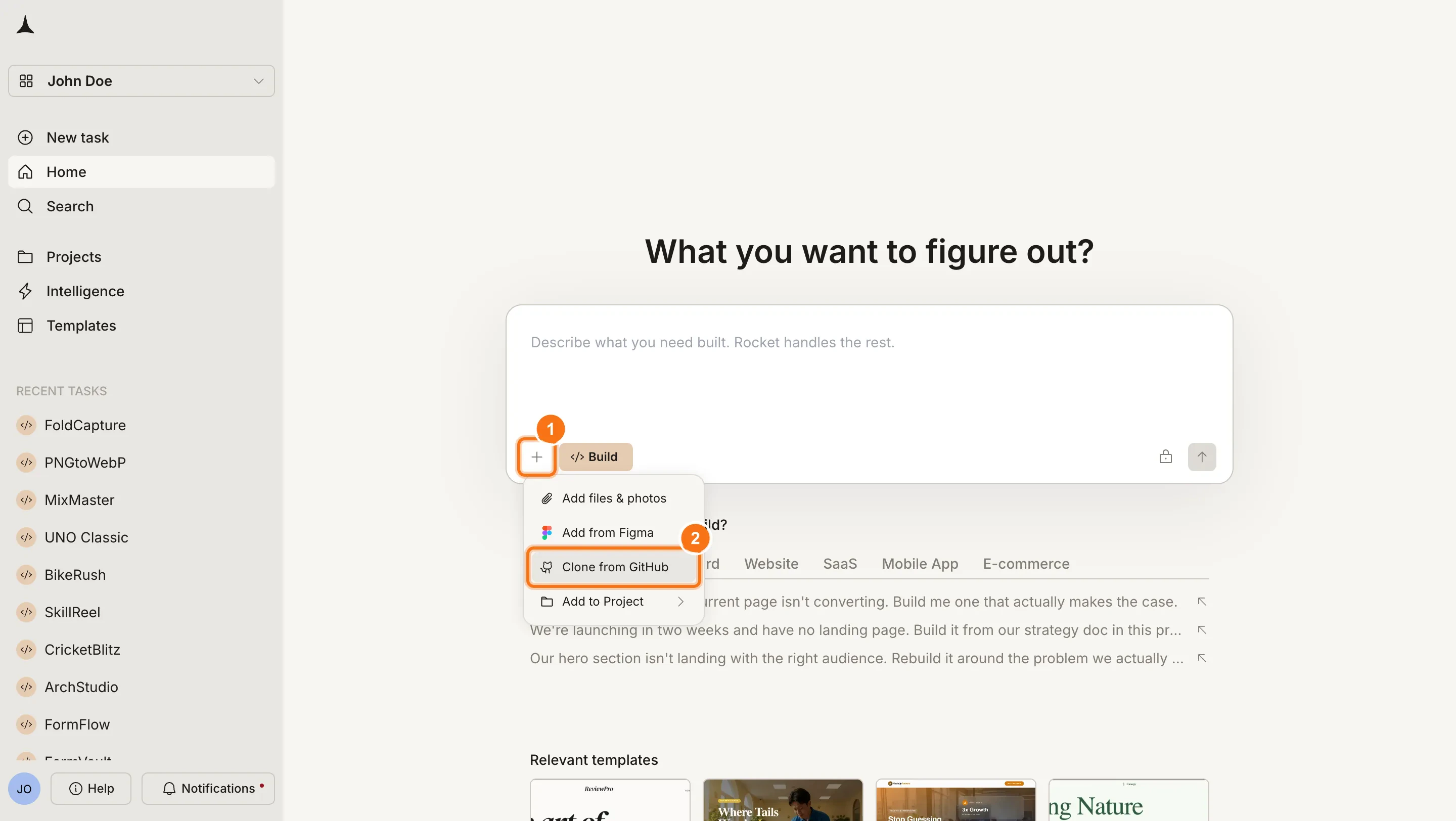 Rocket homepage with the + menu open, highlighting the Clone from GitHub option.