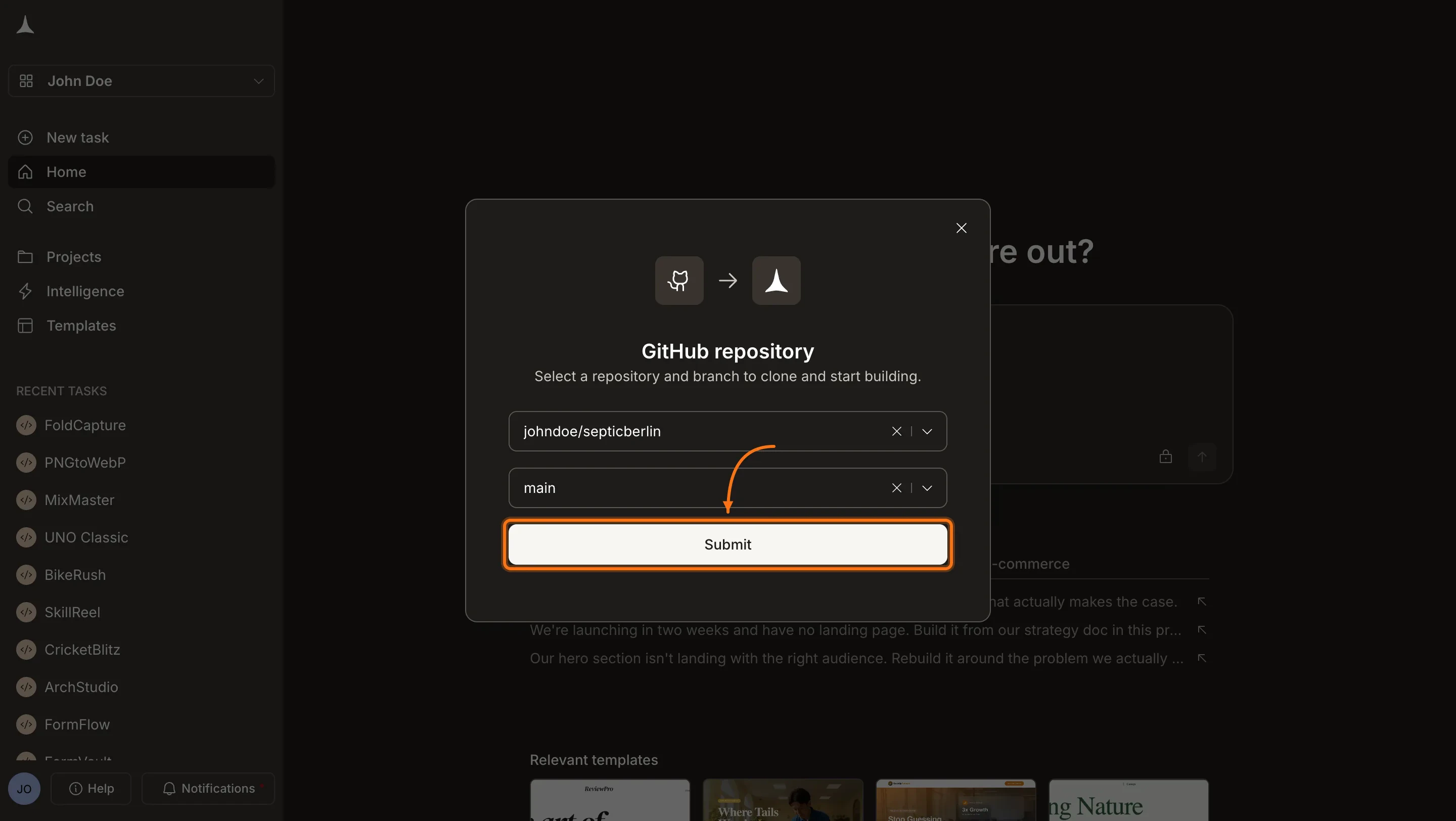 GitHub repository selection dialog with a dropdown to pick a repository and branch.