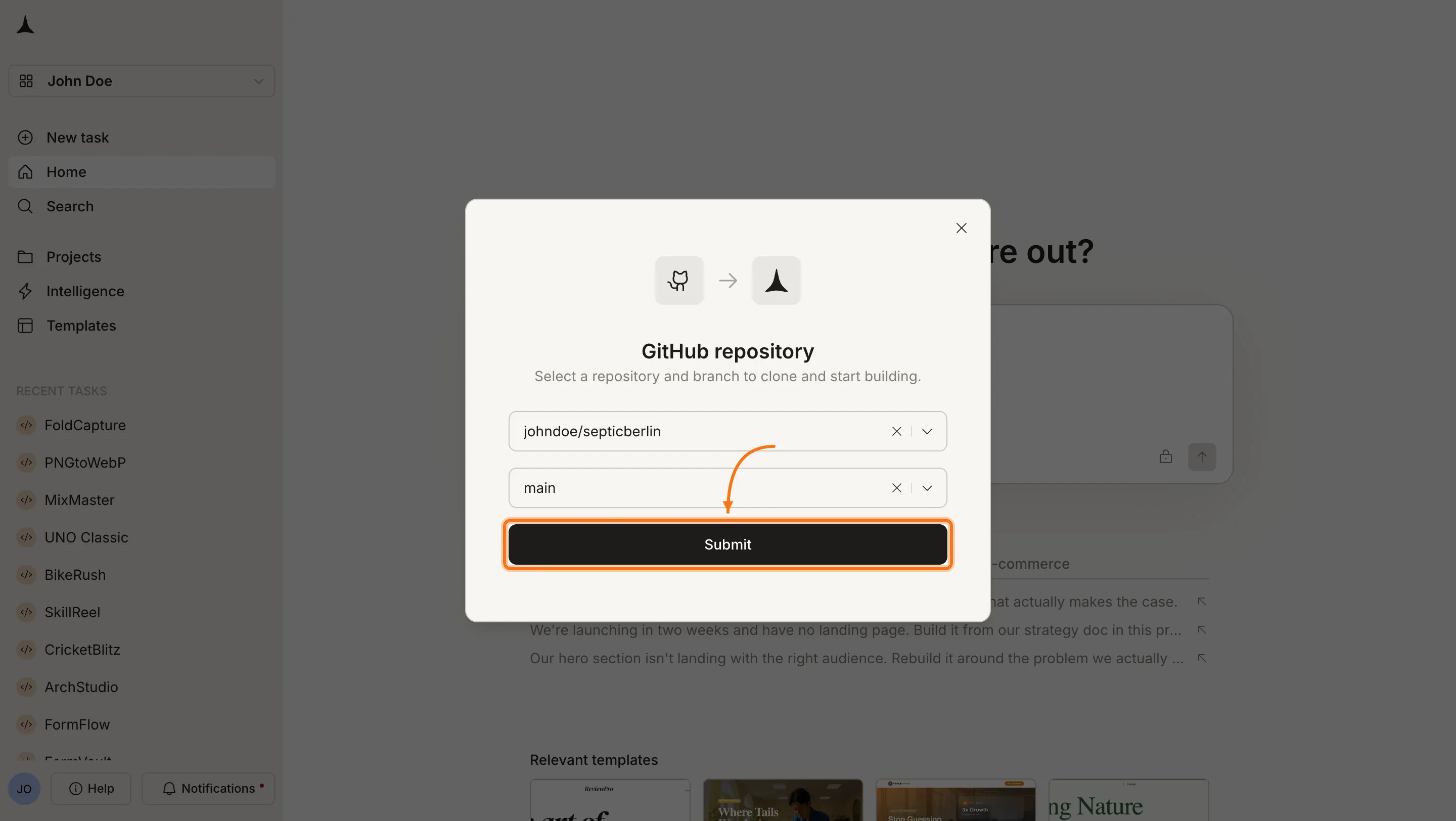 GitHub repository selection dialog with a dropdown to pick a repository and branch.