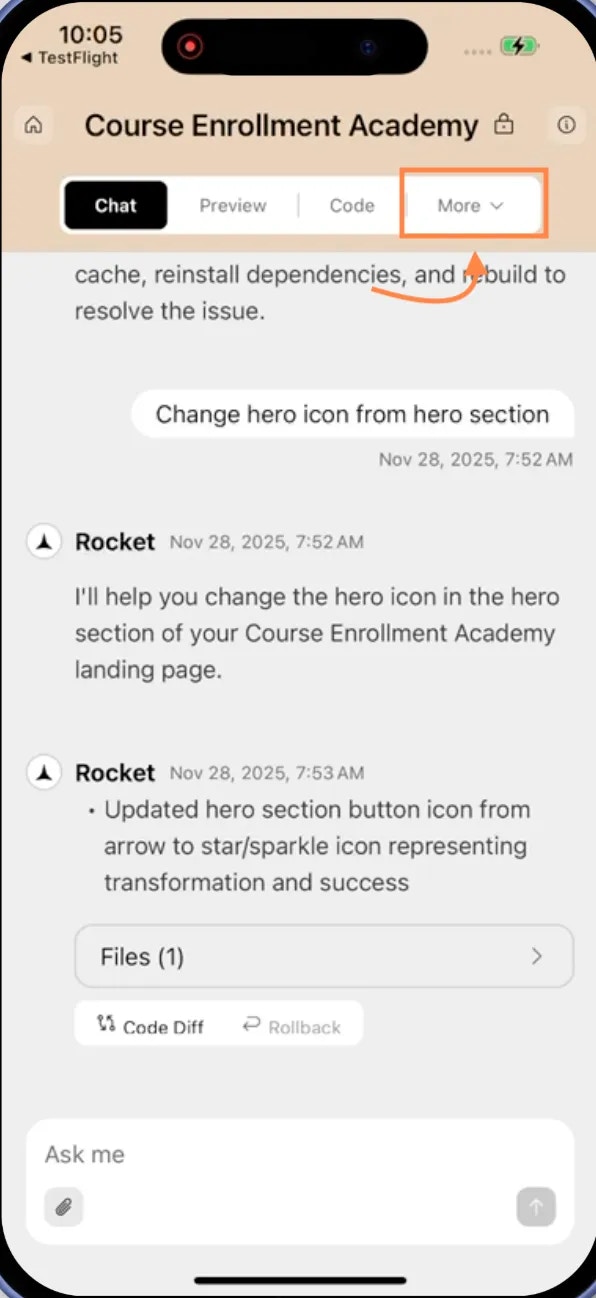 Project UI showing the more button in the header bar on mobile.